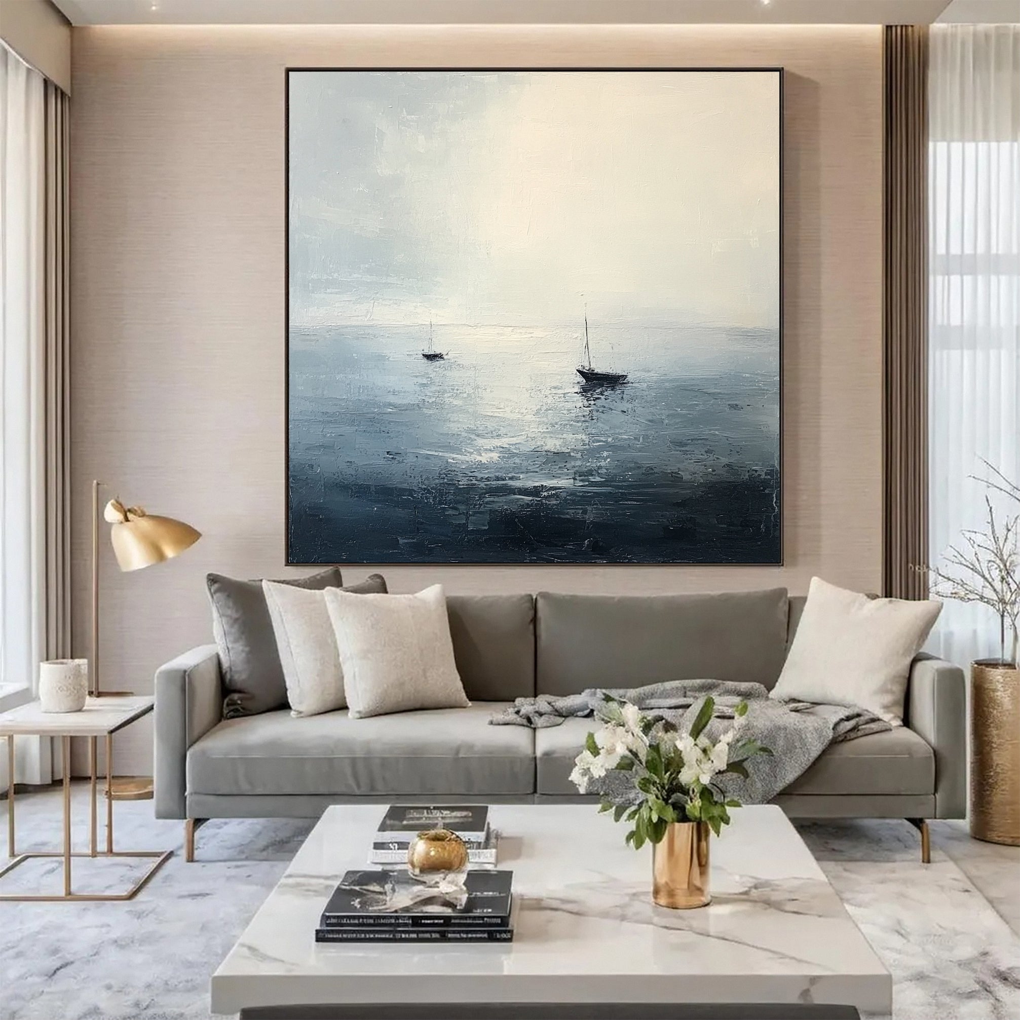 Tranquil Ocean Painting with Sailboats for Modern Homes #AB031