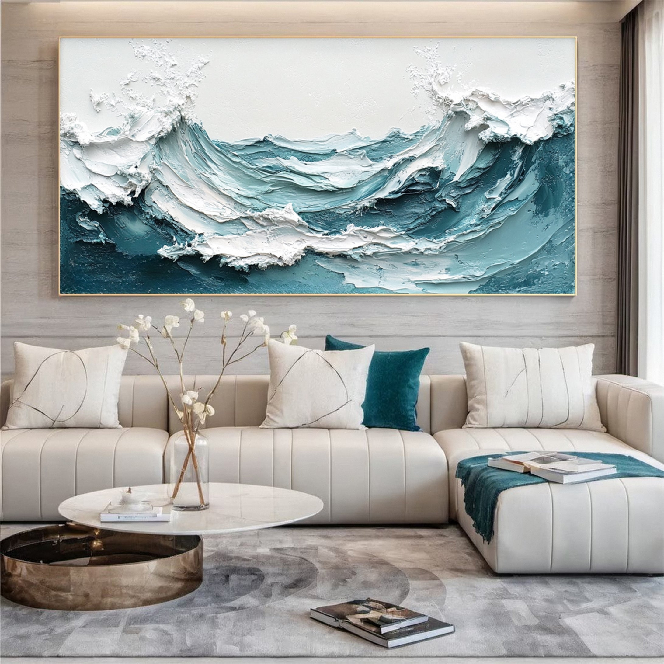 Chic Blue Wave Painting for Sophisticated Homes Decor #OP016