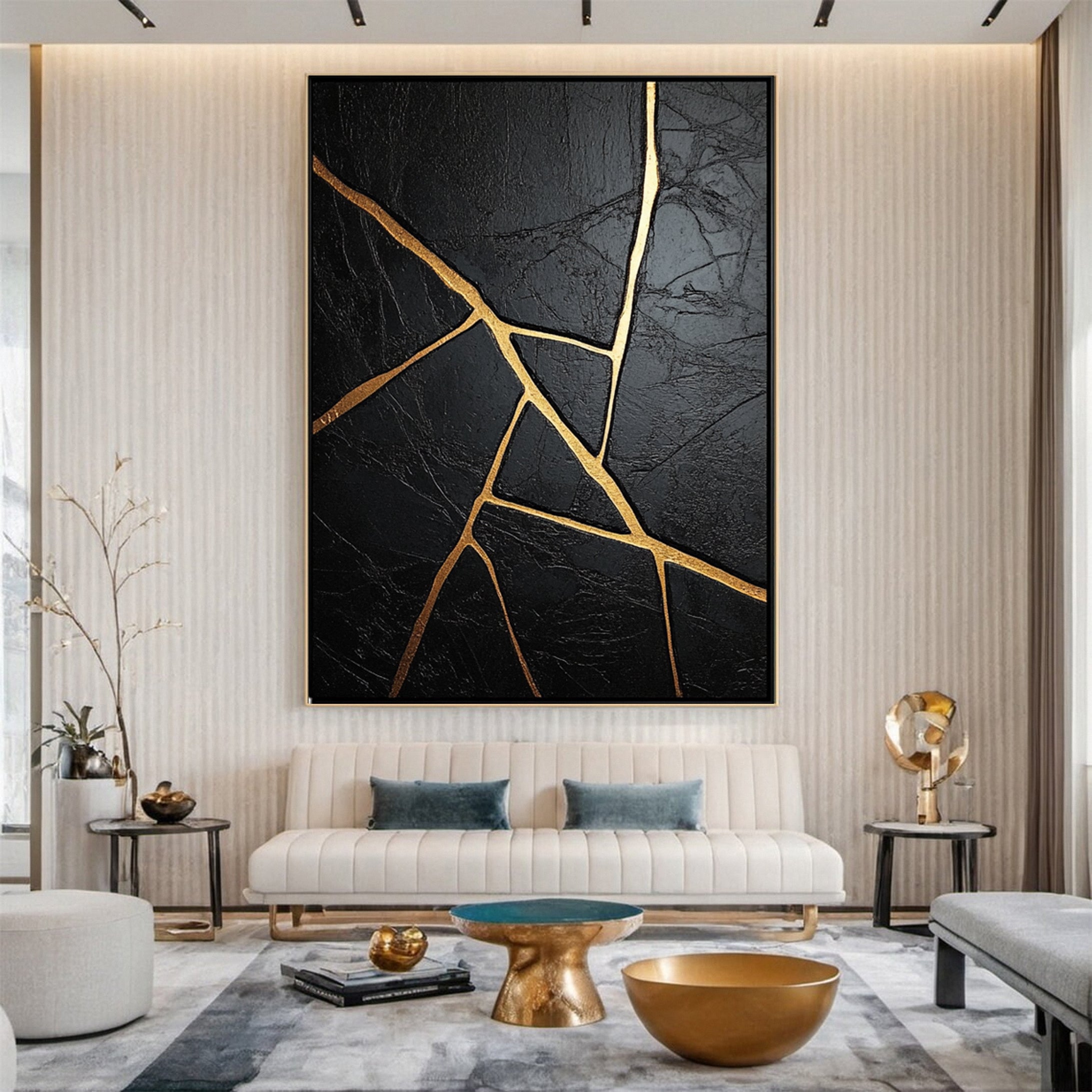 Modern Black Canvas with Gold Streaks