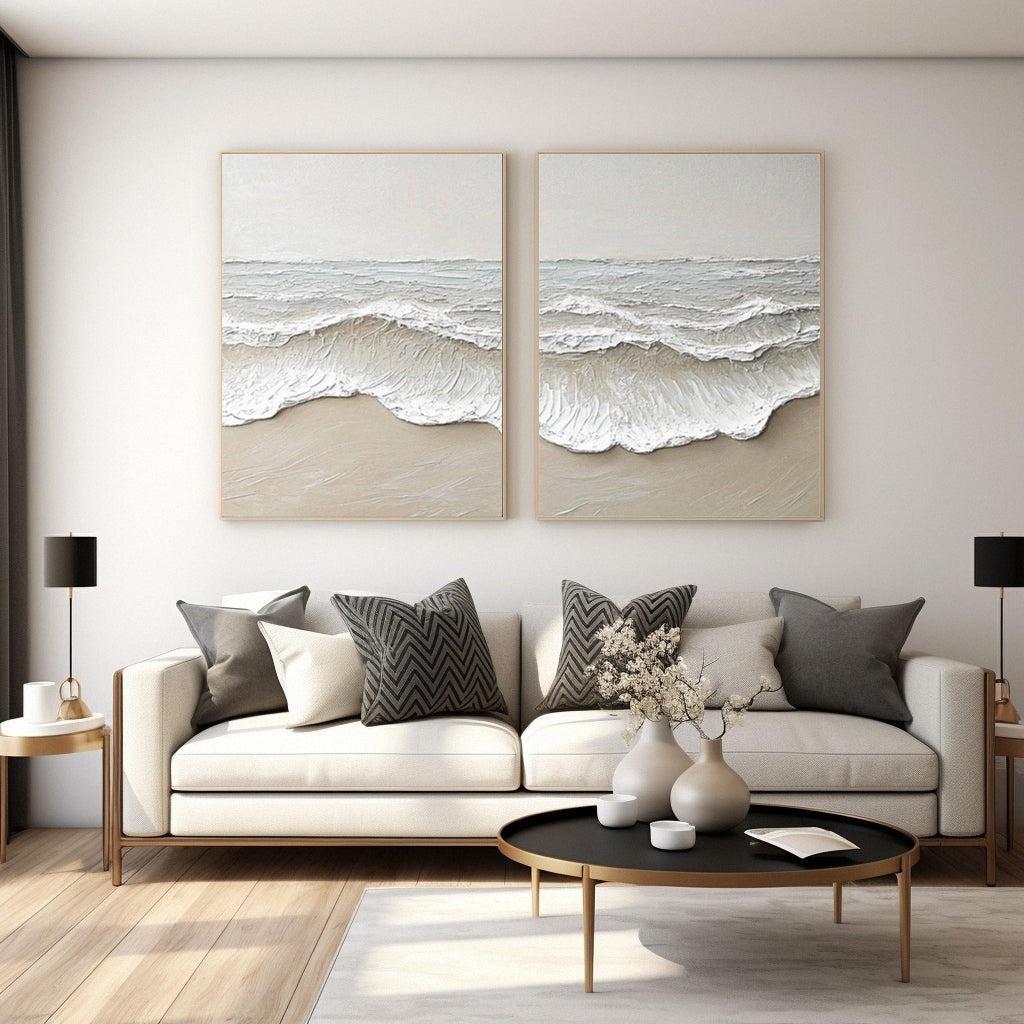 Large 3D Ocean Wave Canvas Art Neutral Modern Set of 2 #OP067