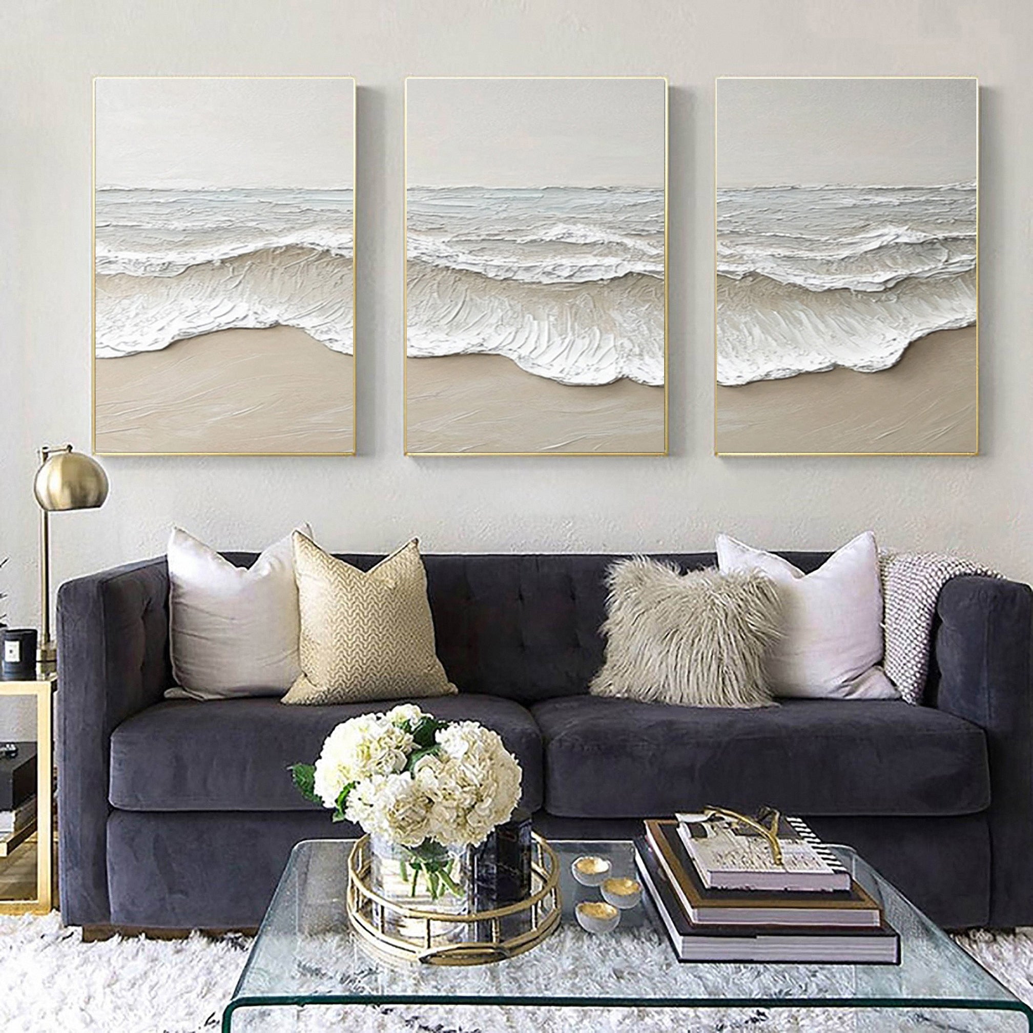 Large 3D Ocean Wave Canvas Art Neutral Modern Set of 2 #OP067