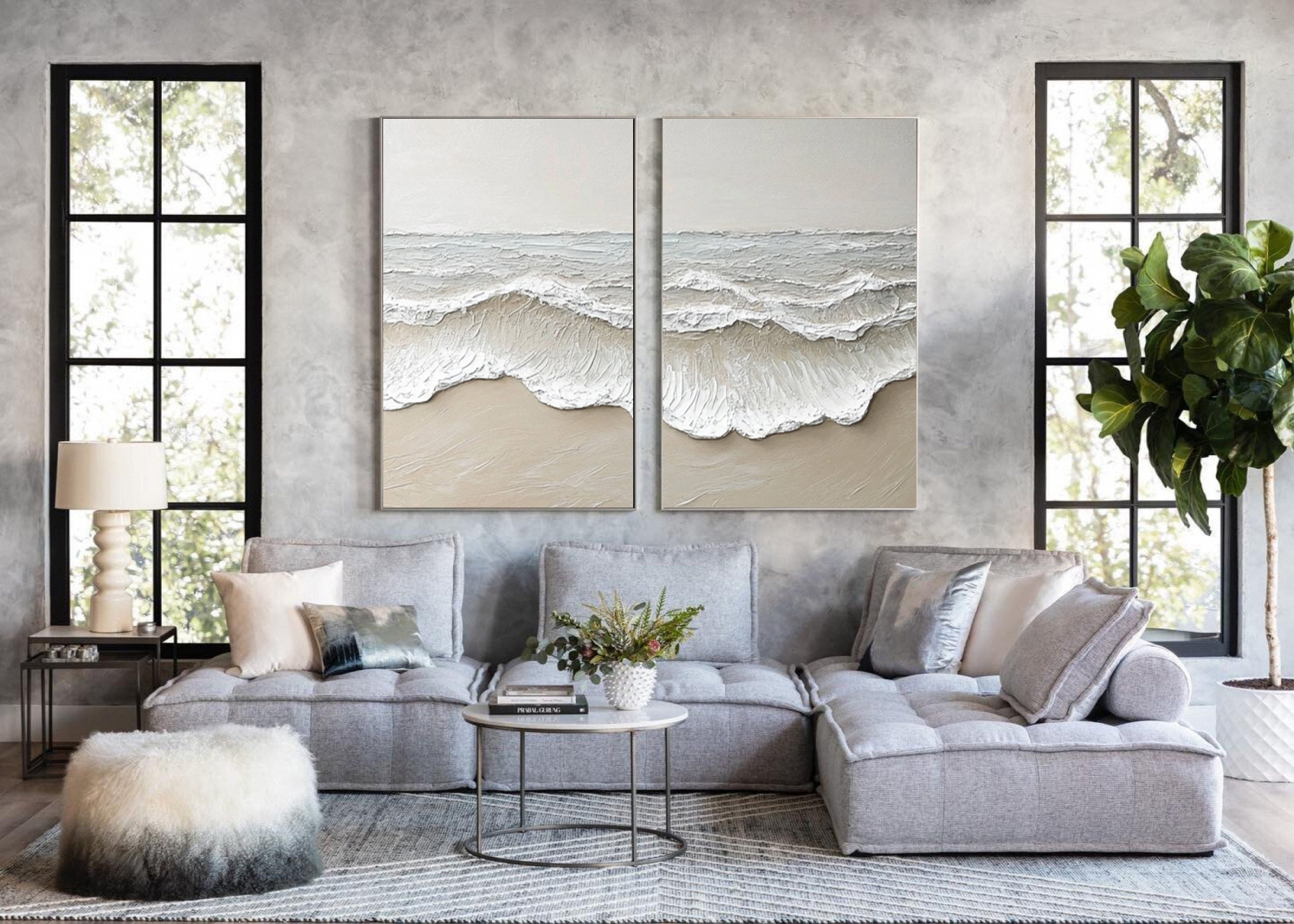 Large 3D Ocean Wave Canvas Art Neutral Modern Set of 2 #OP067