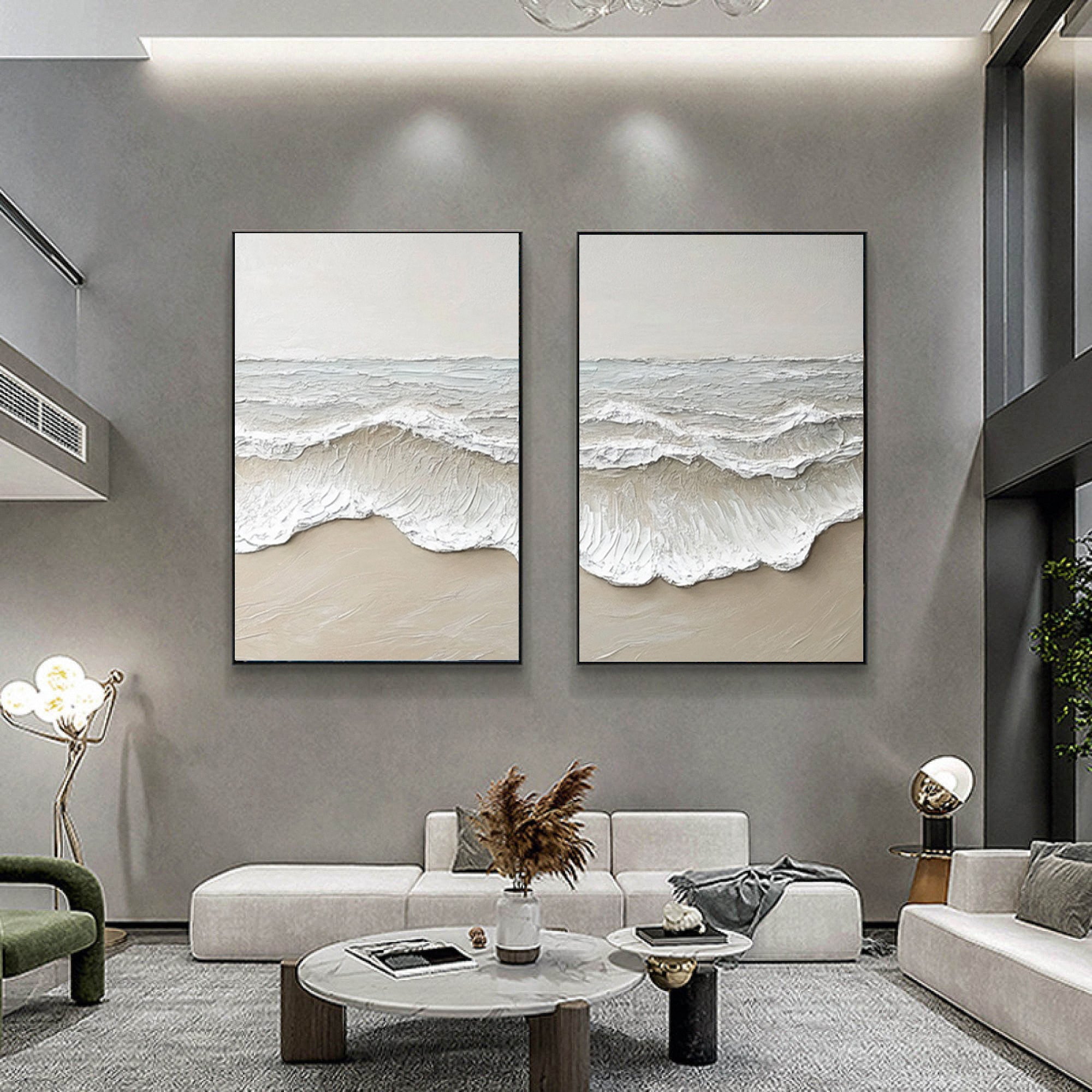 Large 3D Ocean Wave Canvas Art Neutral Modern Set of 2 #OP067