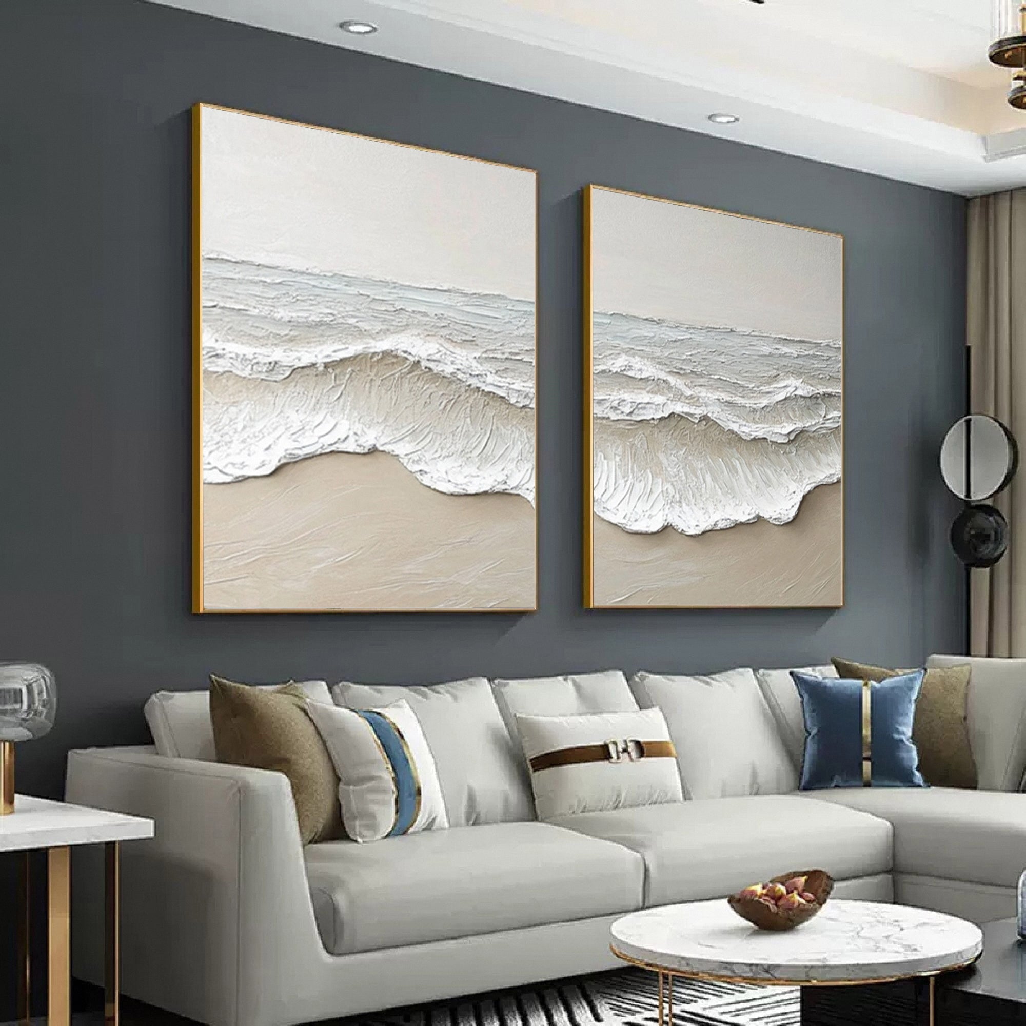 Large 3D Ocean Wave Canvas Art Neutral Modern Set of 2 #OP067