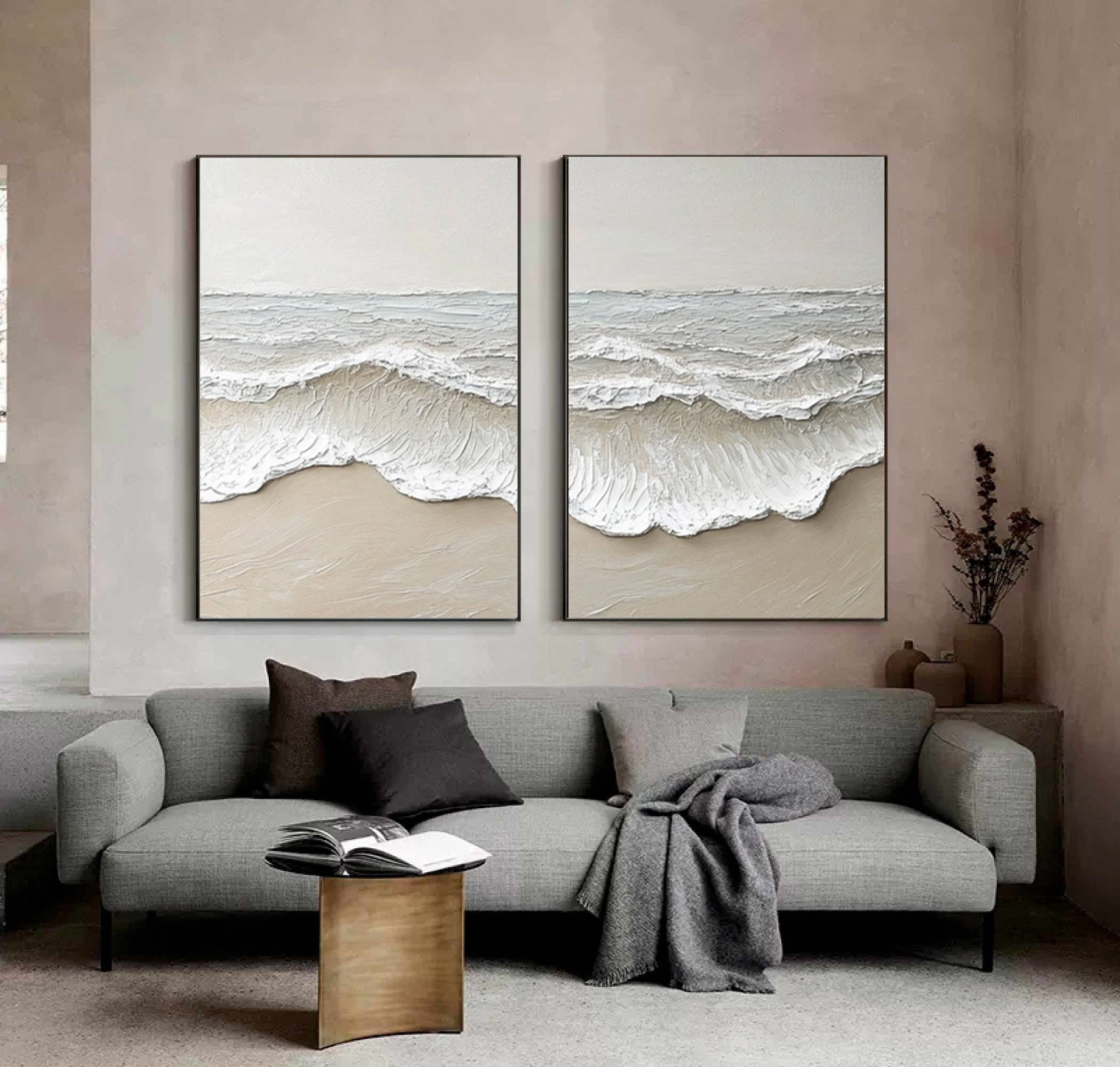 Large 3D Ocean Wave Canvas Art Neutral Modern Set of 2 #OP067