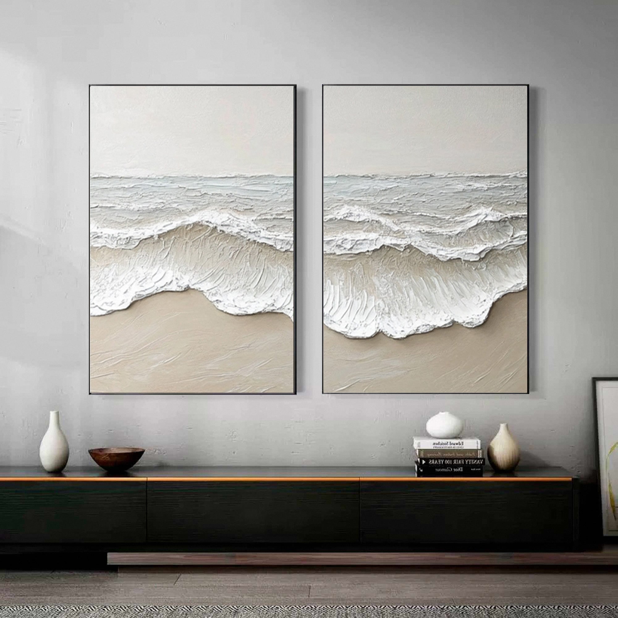 Large 3D Ocean Wave Canvas Art Neutral Modern Set of 2 #OP067