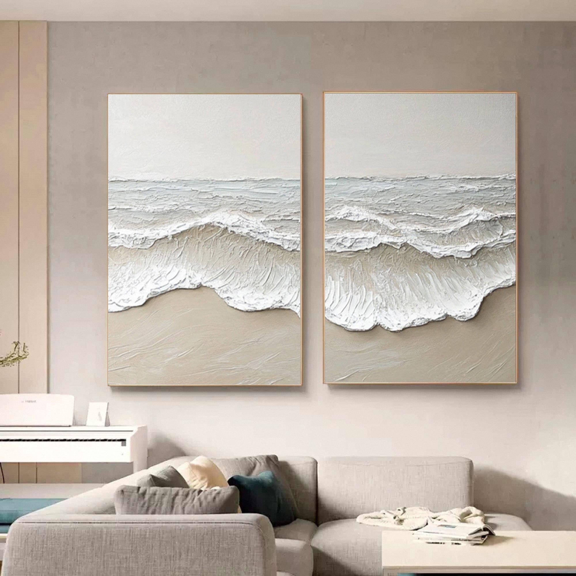 Large 3D Ocean Wave Canvas Art Neutral Modern Set of 2 #OP067