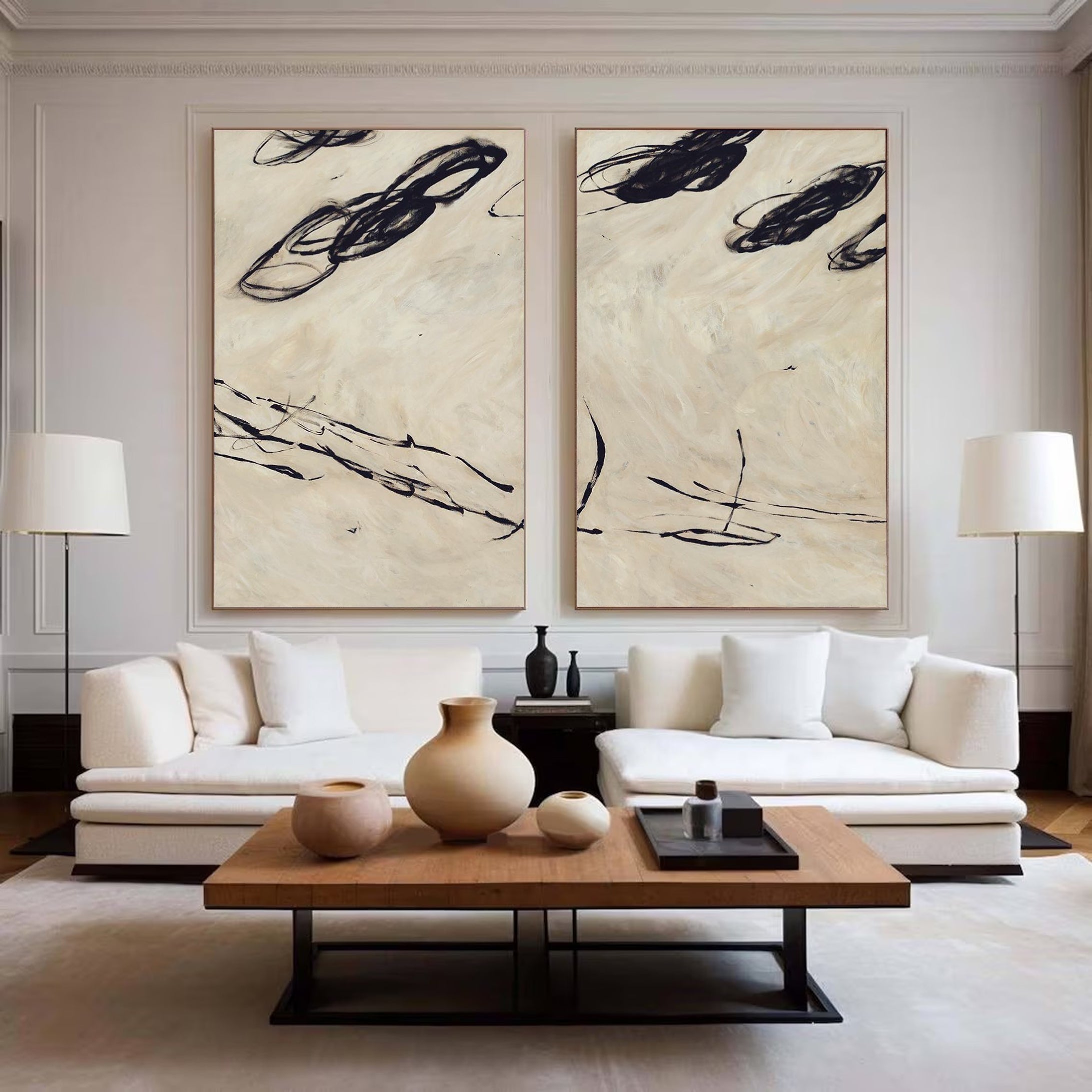 Elegant Black on Beige Abstract Art For Canvas #MMS036