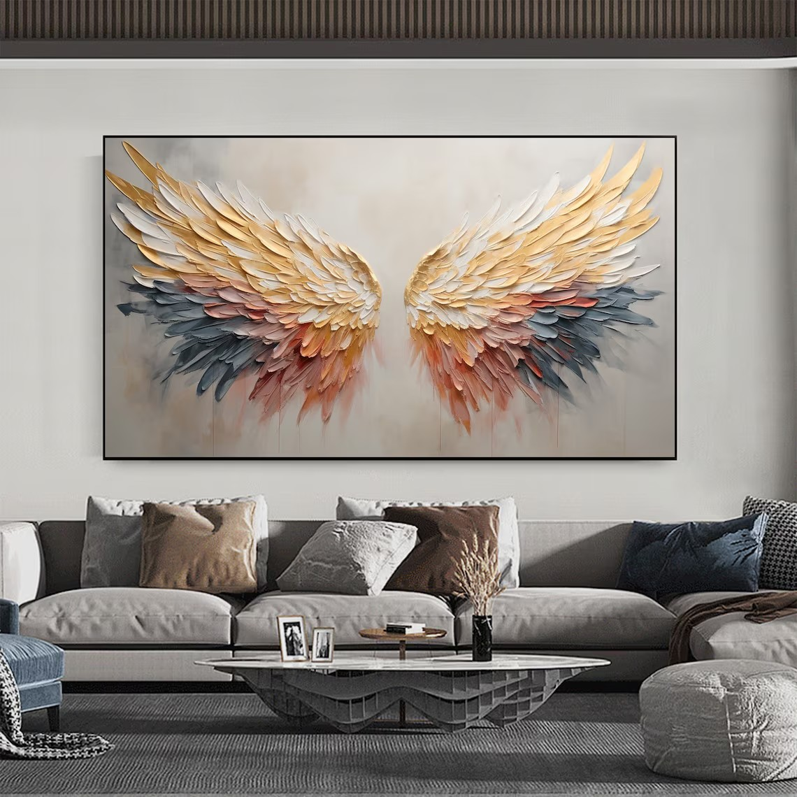 Textured Angel Wings Canvas Art, Modern Abstract Painting, Gold Accent Decor, Trending Design#MM385