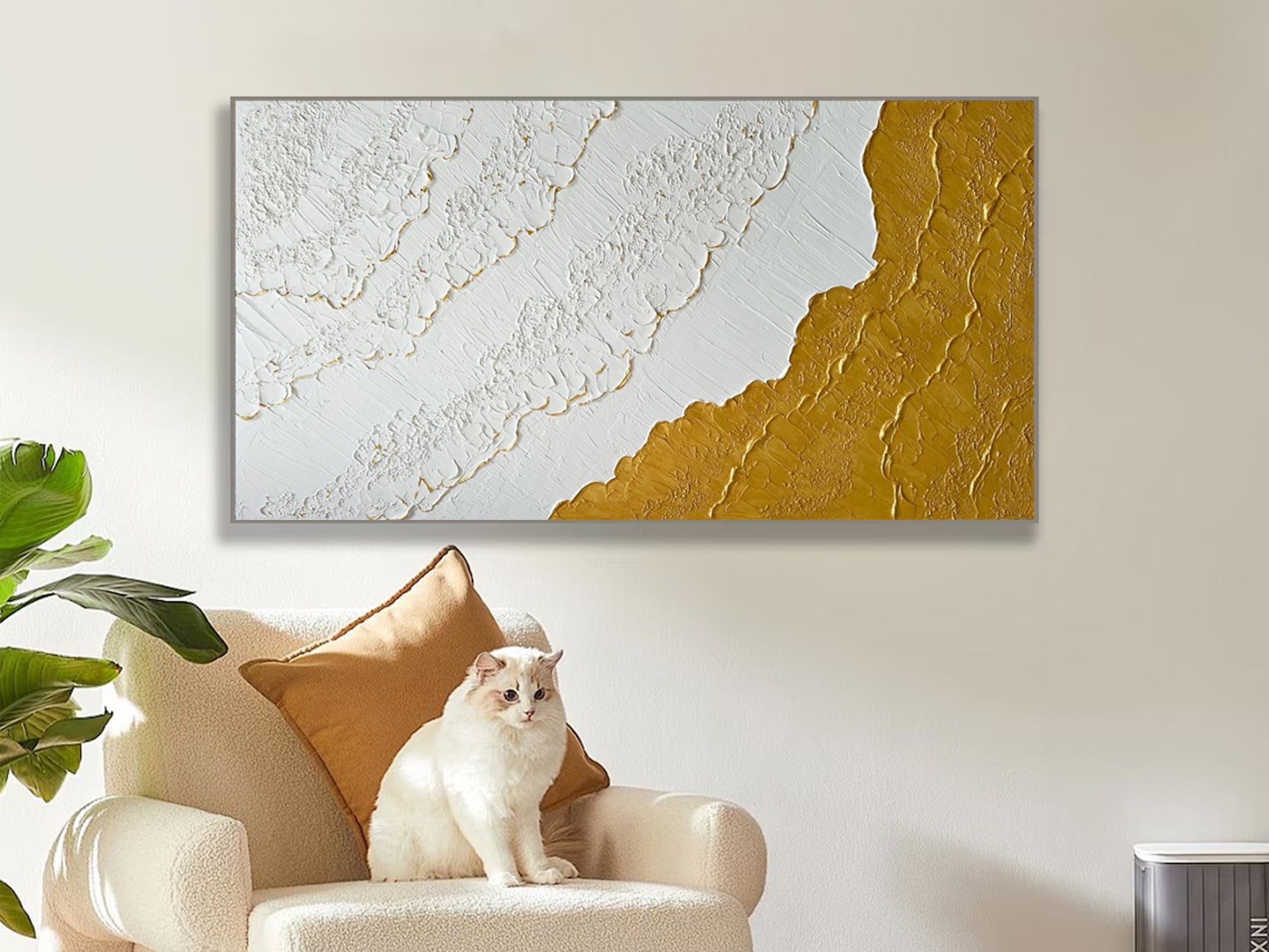 Modern Textured Wall Art Gold Highlights on White Canvas #MM038