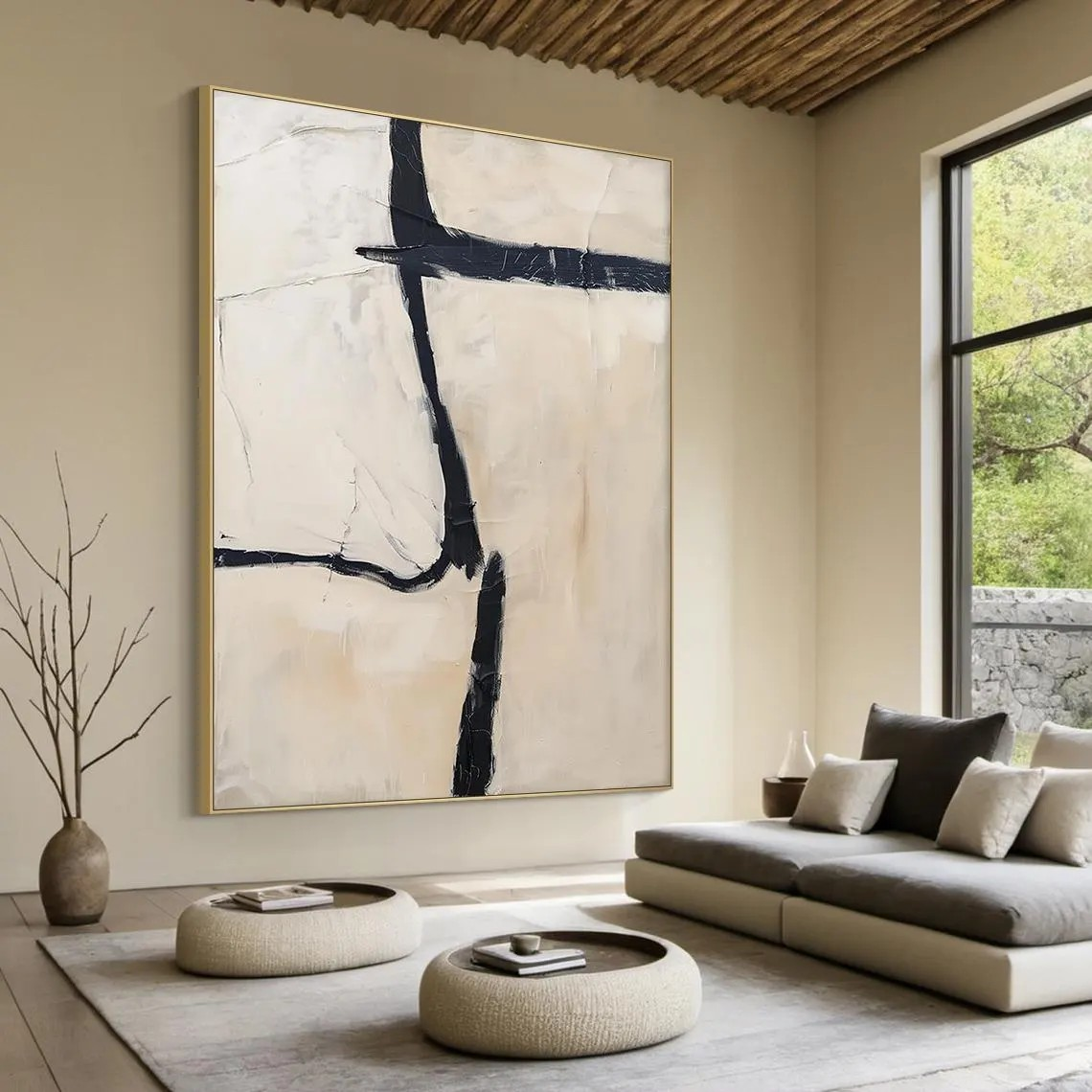 Large Minimalist Beige & Black Abstract Modern Wall Decor#MM207