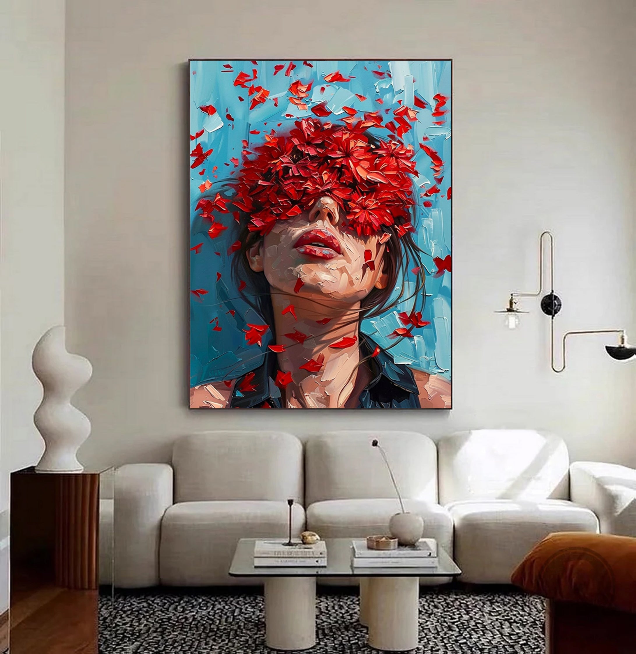 Red Blossoms Art Modern Abstract Female Portrait #HF009