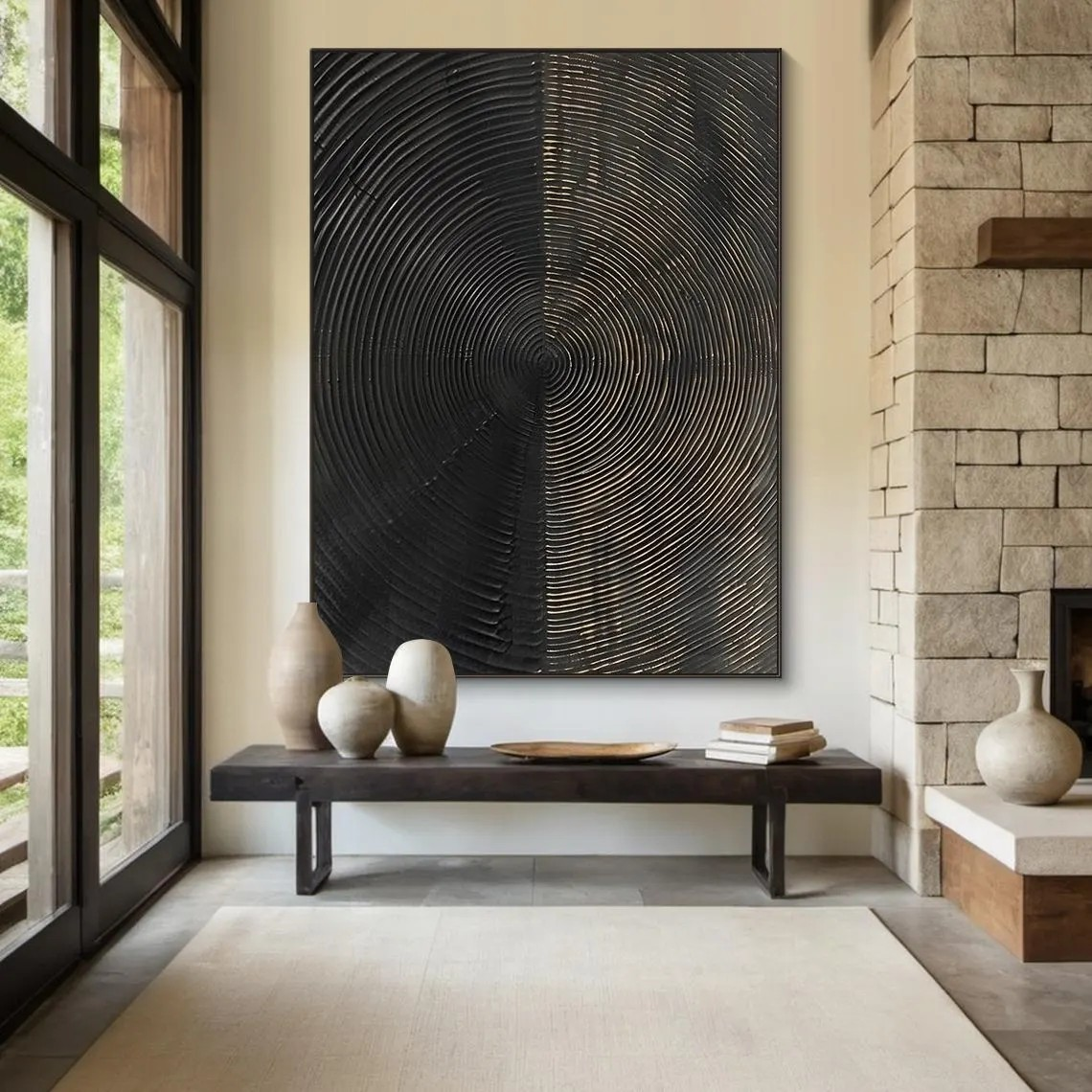 Large Modern Circular Black & Gold Abstract Wall Art #MM210