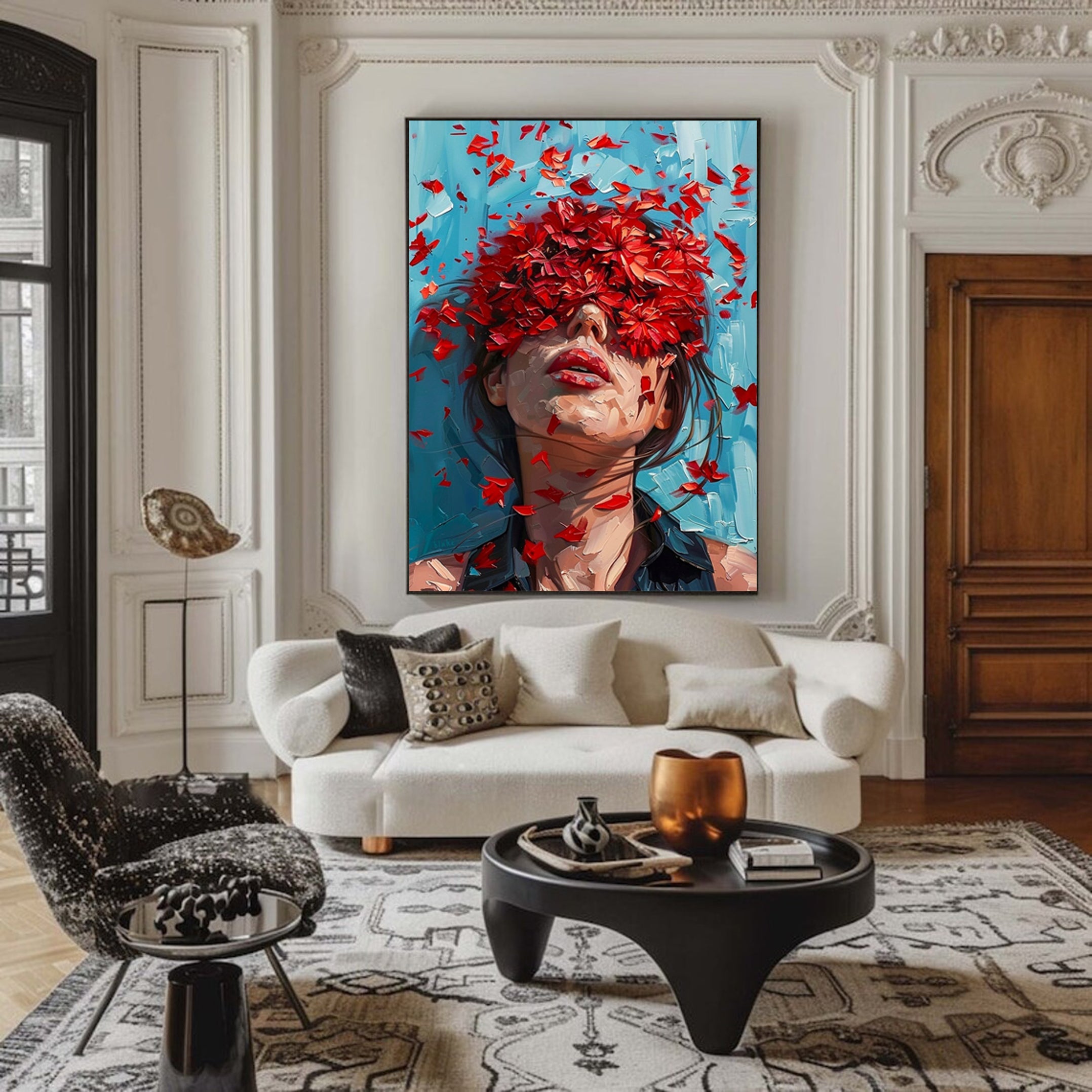 Red Blossoms Art Modern Abstract Female Portrait #HF009