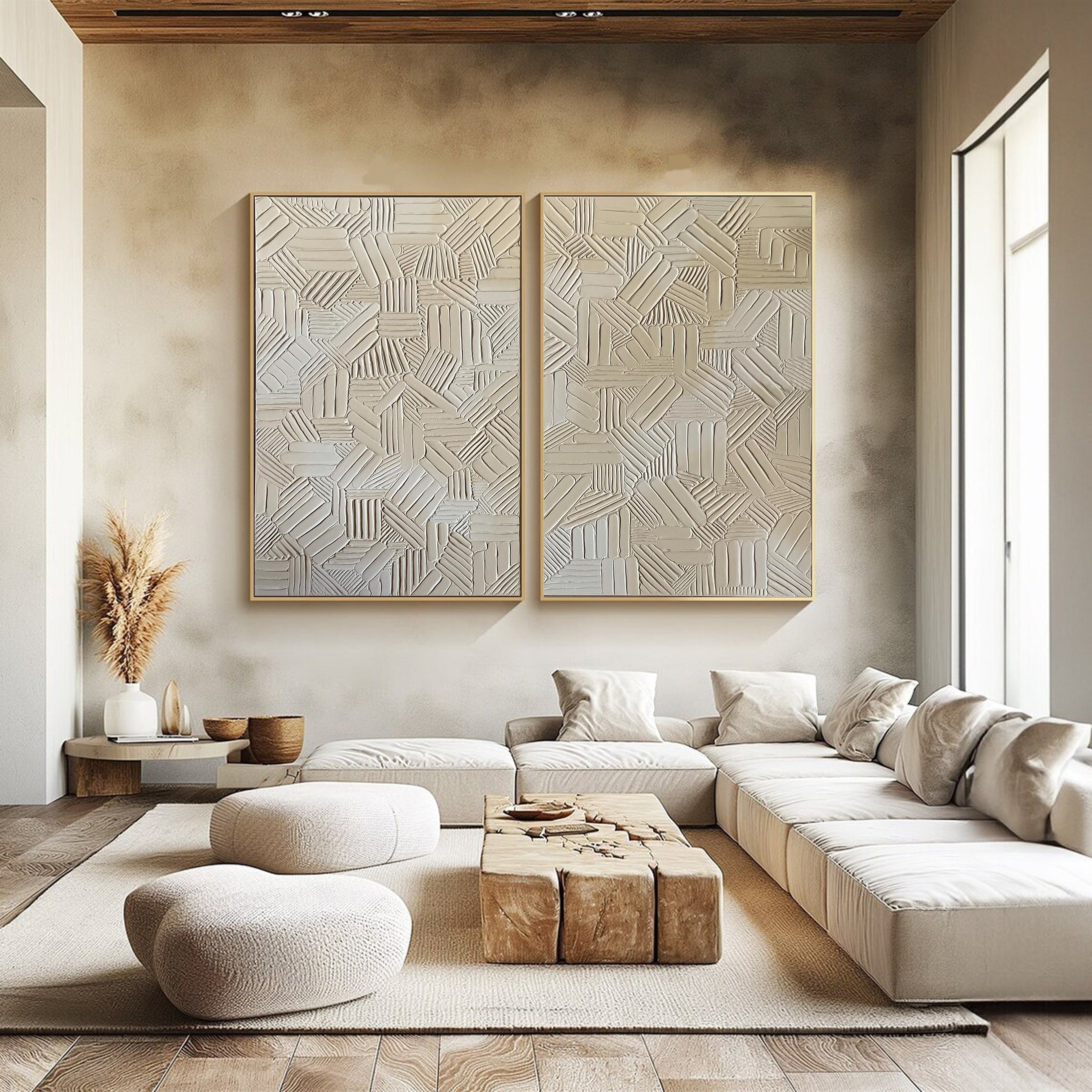 Modern Beige Geometric Canvas Art Set Of 2 #MMS035