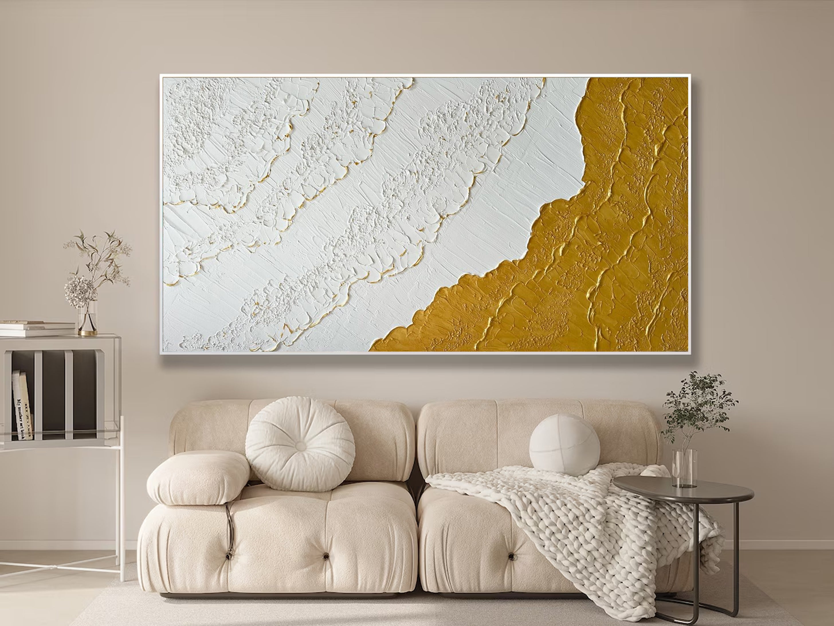 Modern Textured Wall Art Gold Highlights on White Canvas #MM038