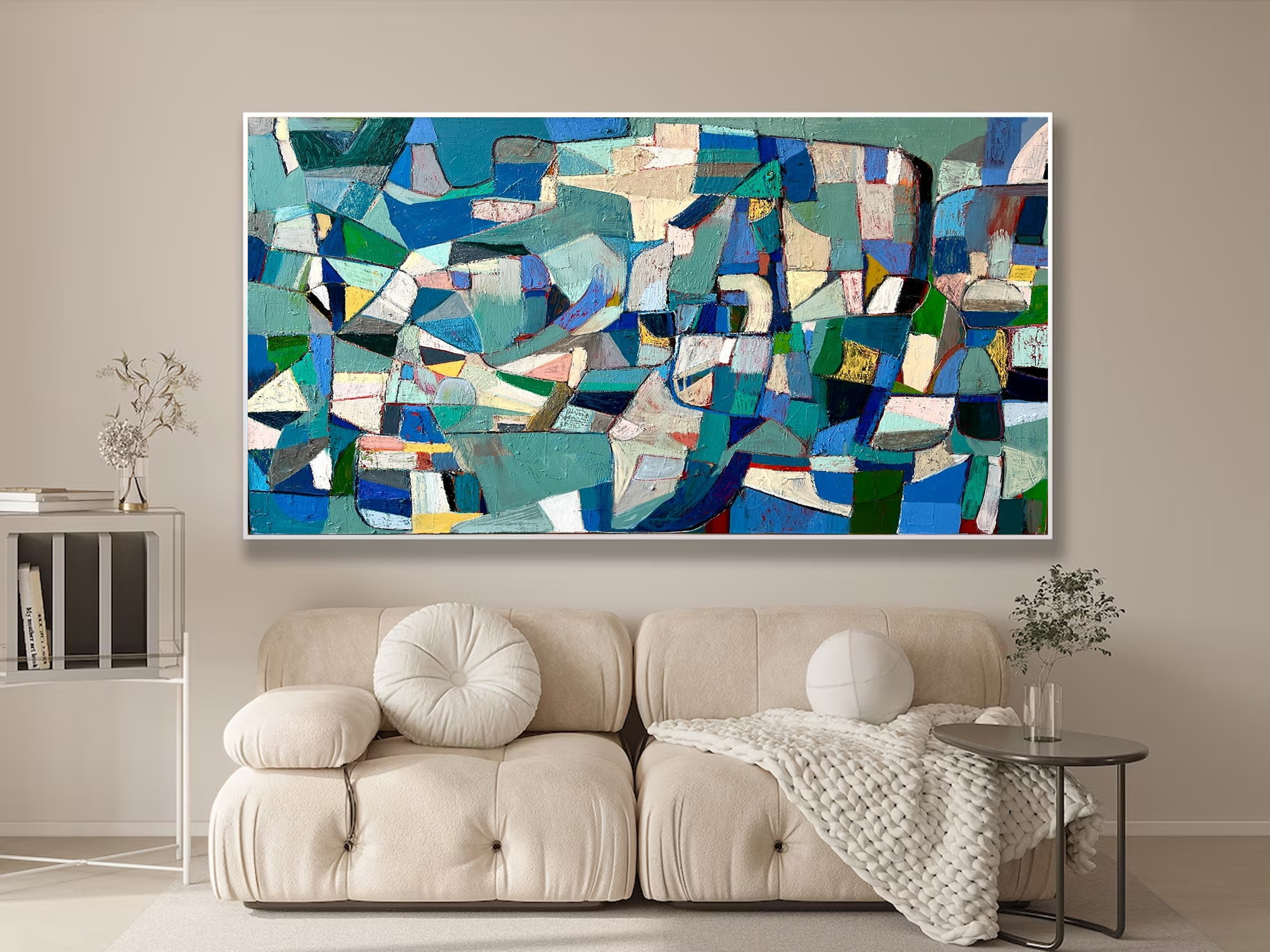 Vibrant Mid Century Wall Art Abstract Shapes in Cool Hues #MC002