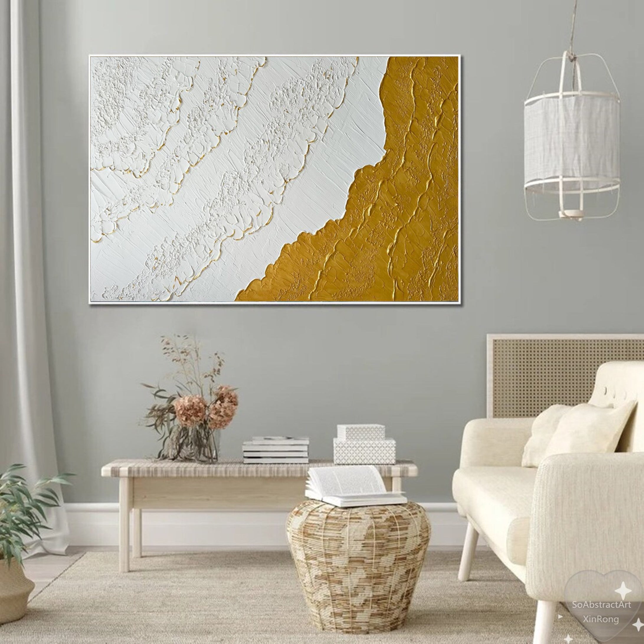 Modern Textured Wall Art Gold Highlights on White Canvas #MM038