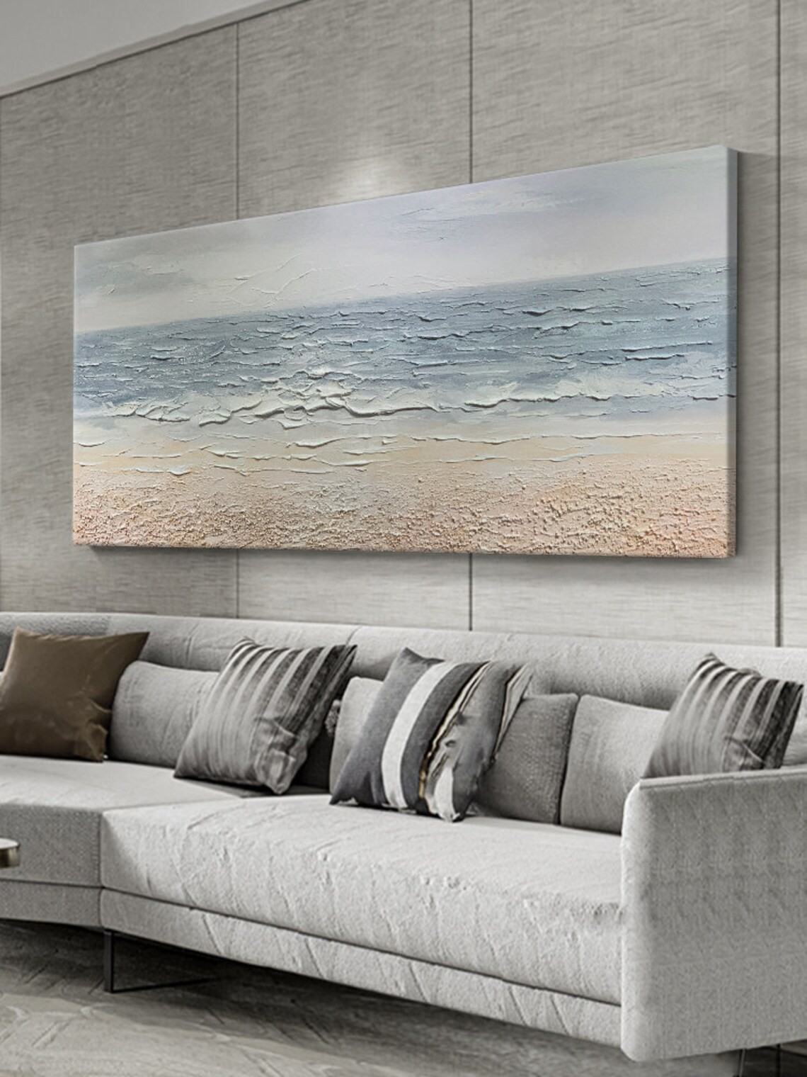 Textured Seascape Oil Painting, Minimalist Beach Art, Neutral Coastal Decor#MM388