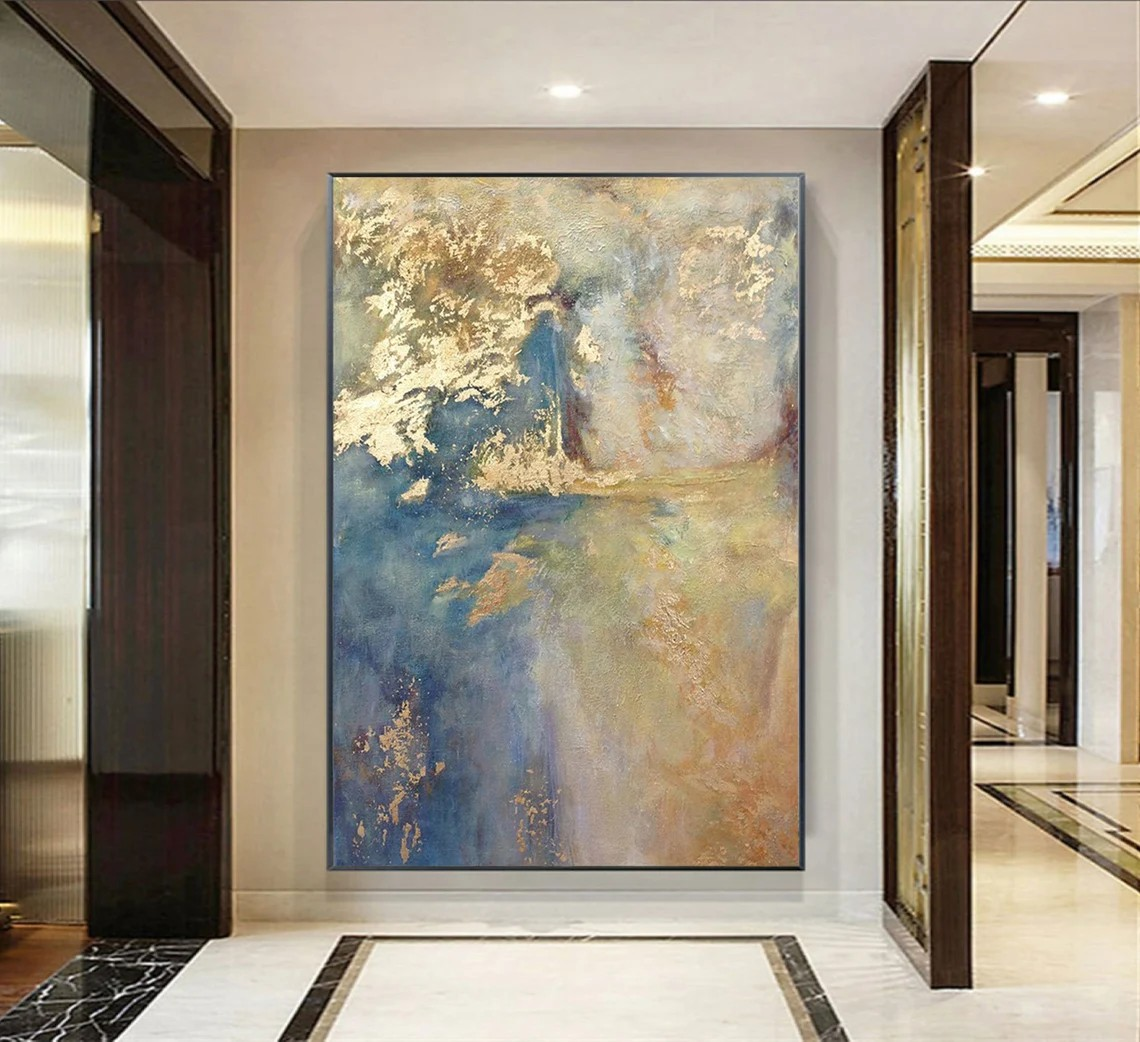 Dreamy Abstract Landscape Textured Blues and Gold Painting #MM226