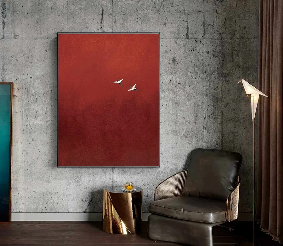 Serene Red Abstract with Birds Symbolic Minimalist Art #MM241