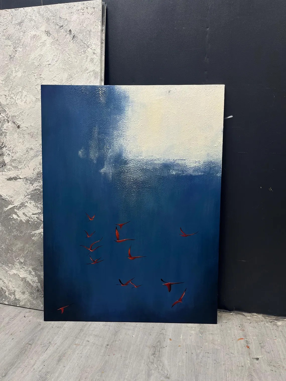 Dramatic Dark Blue Sky & Red Birds Modern Surreal Abstract Art #SP013