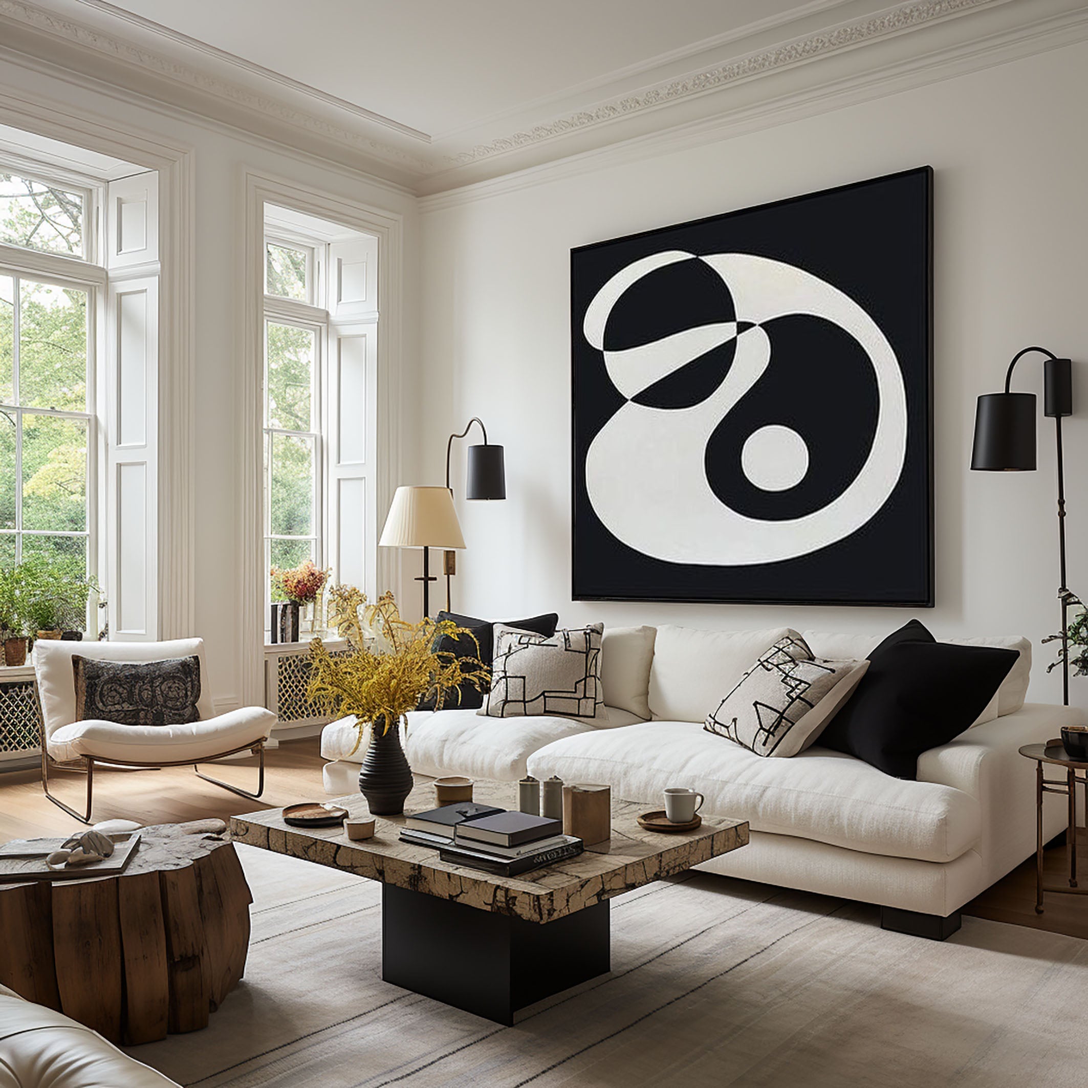 Monochrome Fluidity Modern Black & White Circular Art #MM079