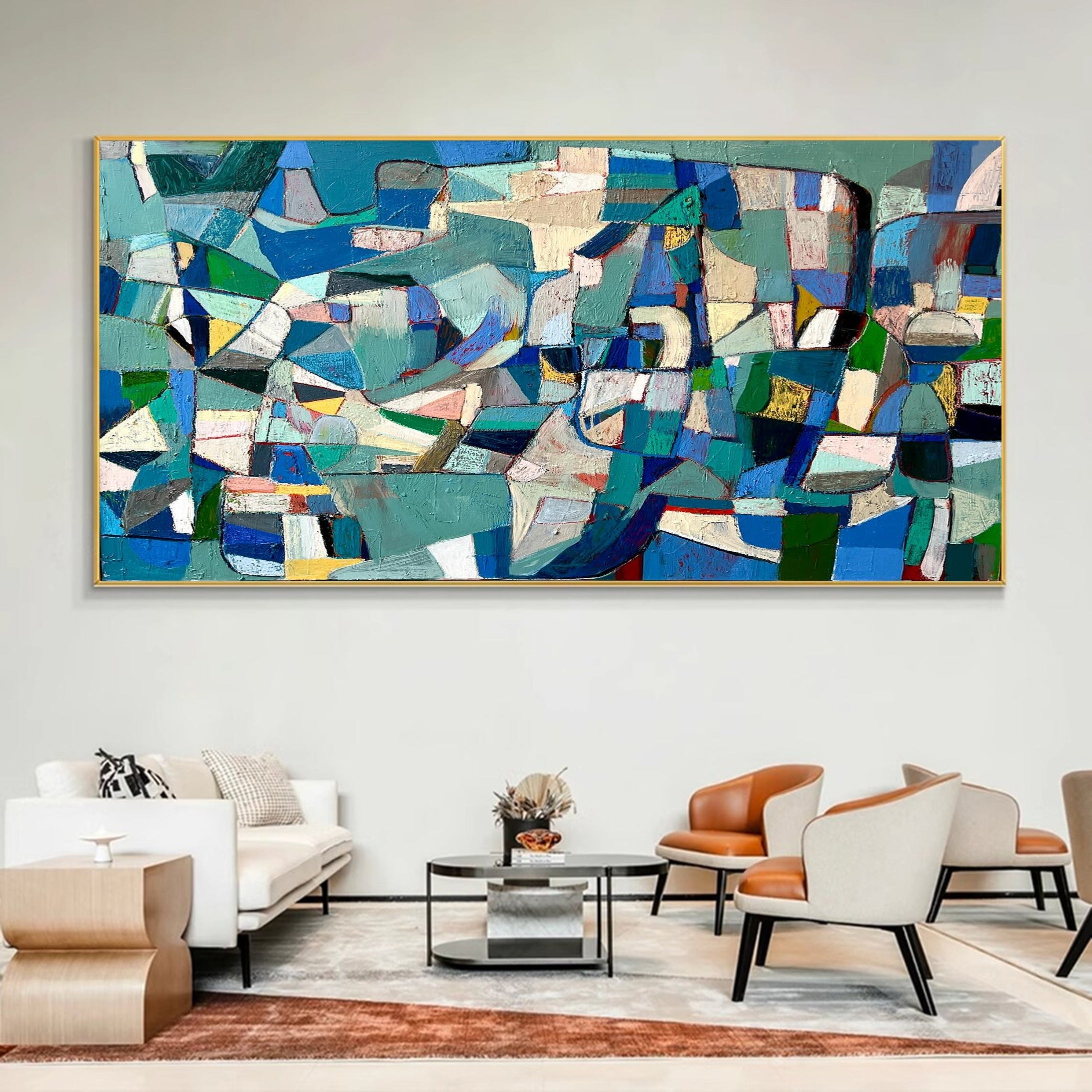 Vibrant Mid Century Wall Art Abstract Shapes in Cool Hues #MC002