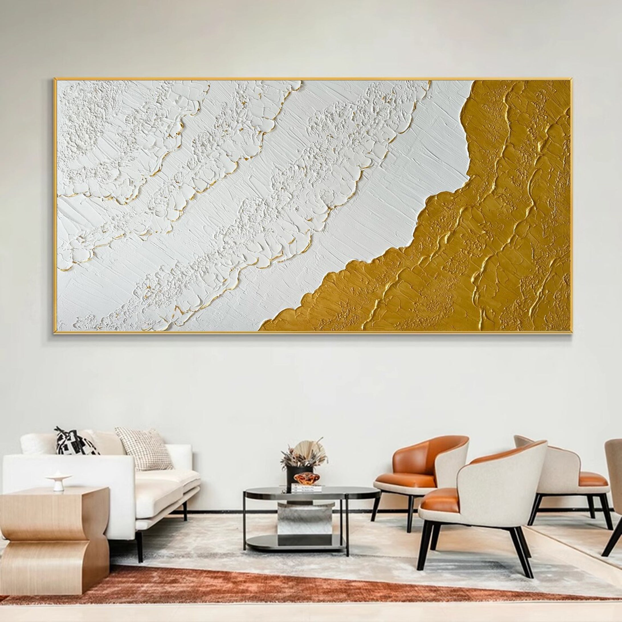 Modern Textured Wall Art Gold Highlights on White Canvas #MM038