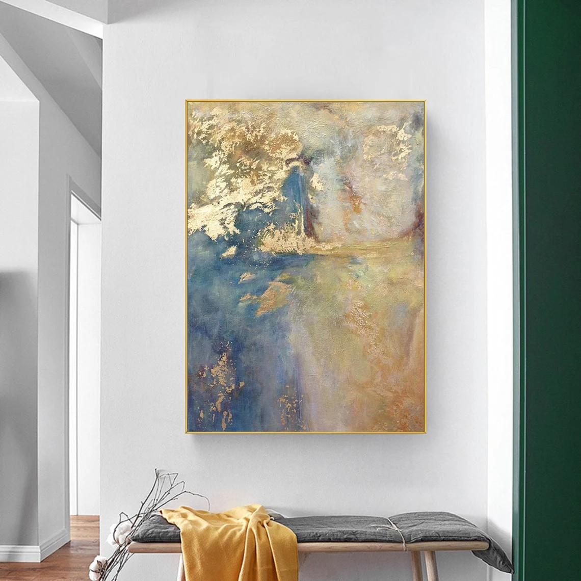 Dreamy Abstract Landscape Textured Blues and Gold Painting #MM226