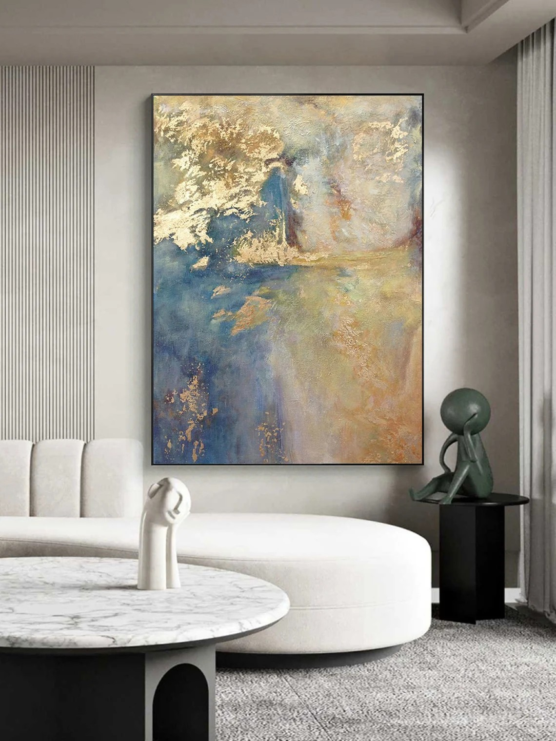 Dreamy Abstract Landscape Textured Blues and Gold Painting #MM226