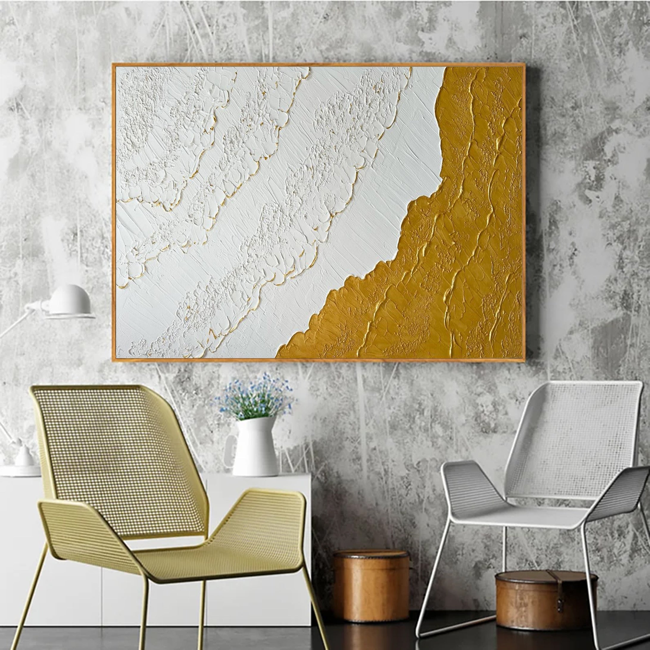 Modern Textured Wall Art Gold Highlights on White Canvas #MM038