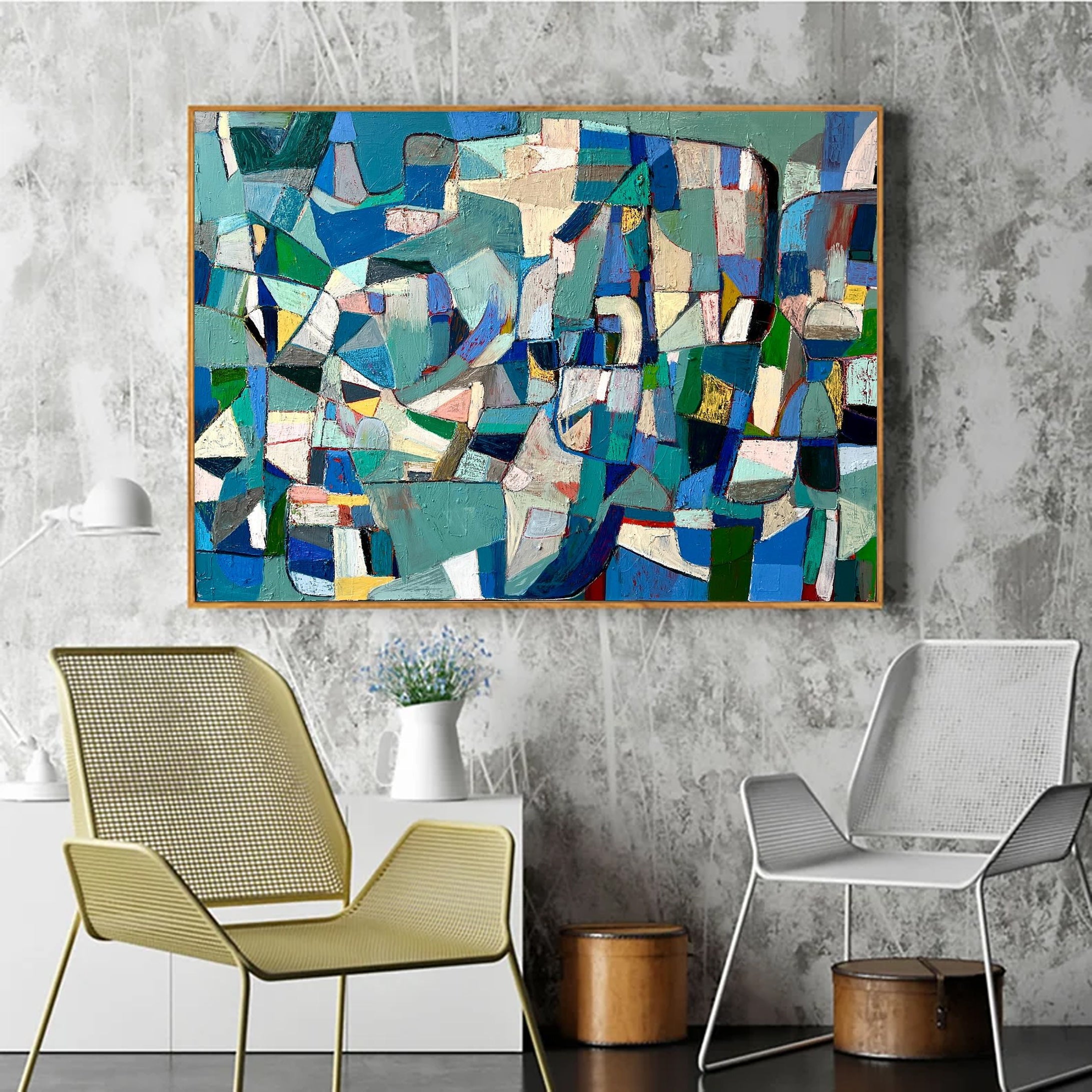 Vibrant Mid Century Wall Art Abstract Shapes in Cool Hues #MC002