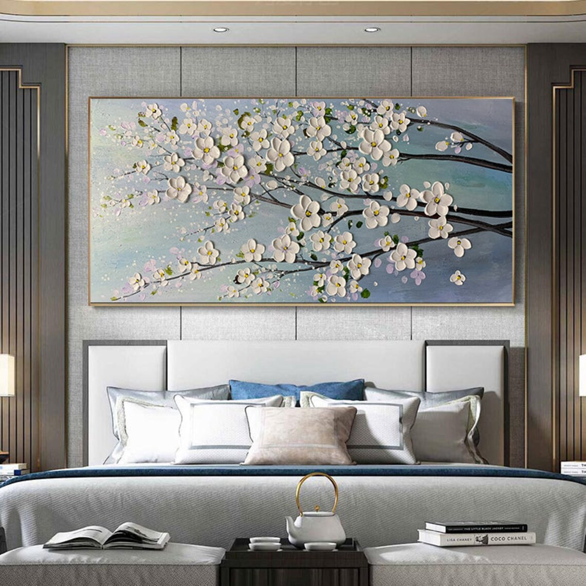 Textured White Blossom Tree Painting, Floral Modern Art, 3D Effect Canvas#MM391