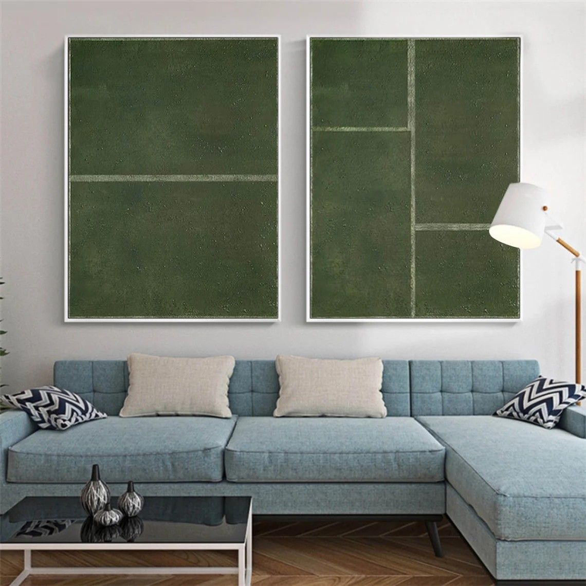 Green Minimalist Diptych Art with Geometric Lines #MM229