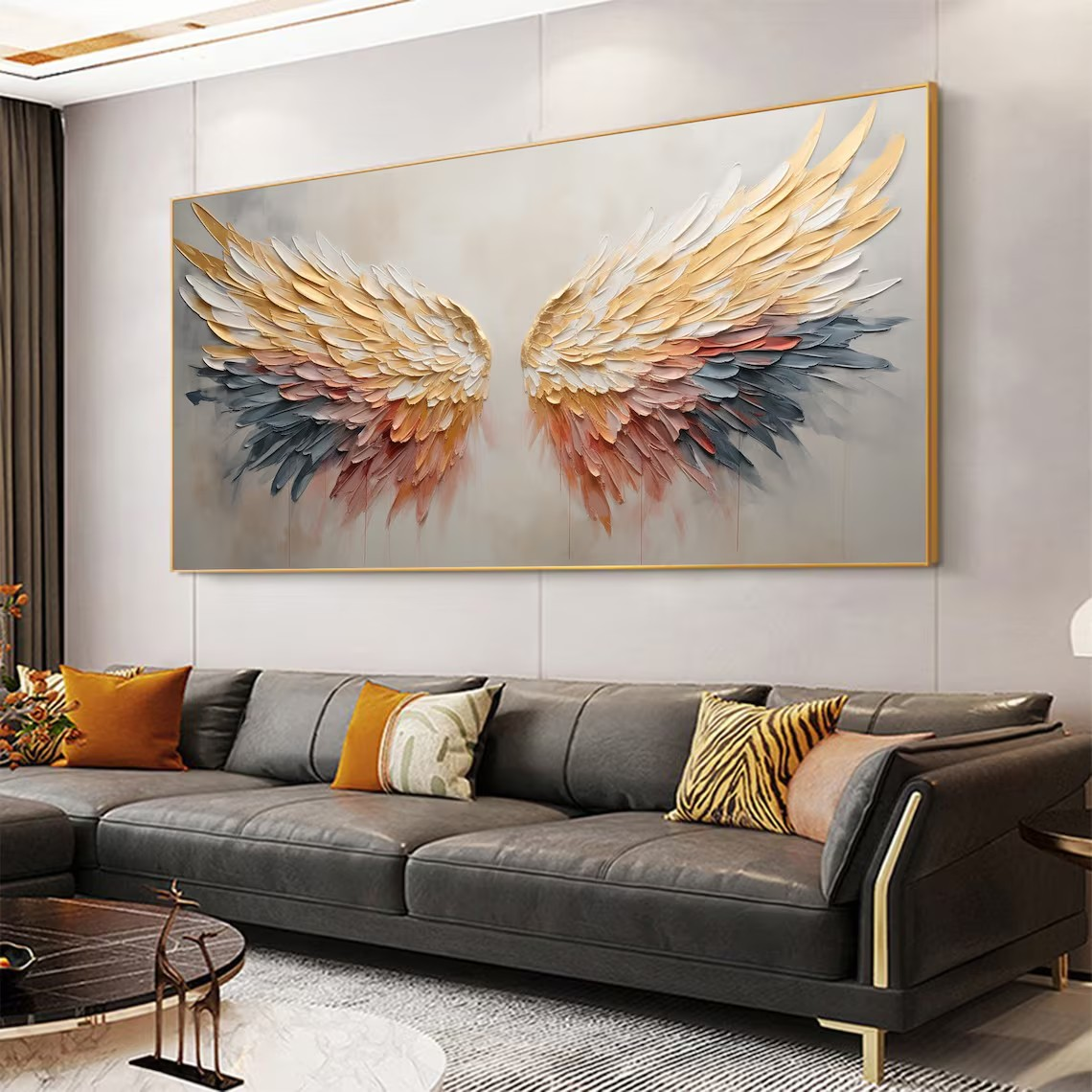 Textured Angel Wings Canvas Art, Modern Abstract Painting, Gold Accent Decor, Trending Design#MM385