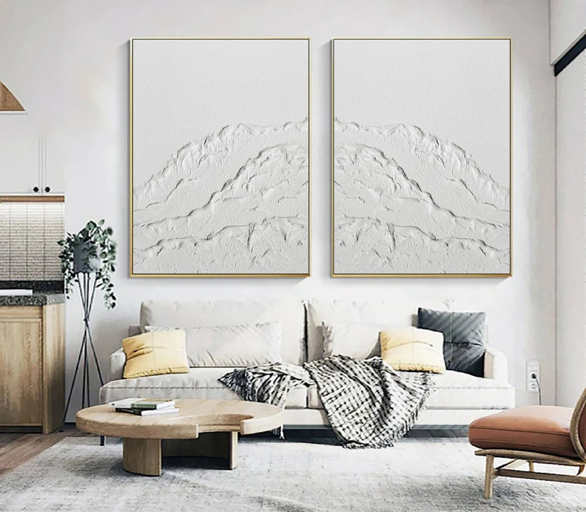 Textured White Mountainscape Oil Painting Set, Minimalist Modern Art, 3D Effect Decor#MM382