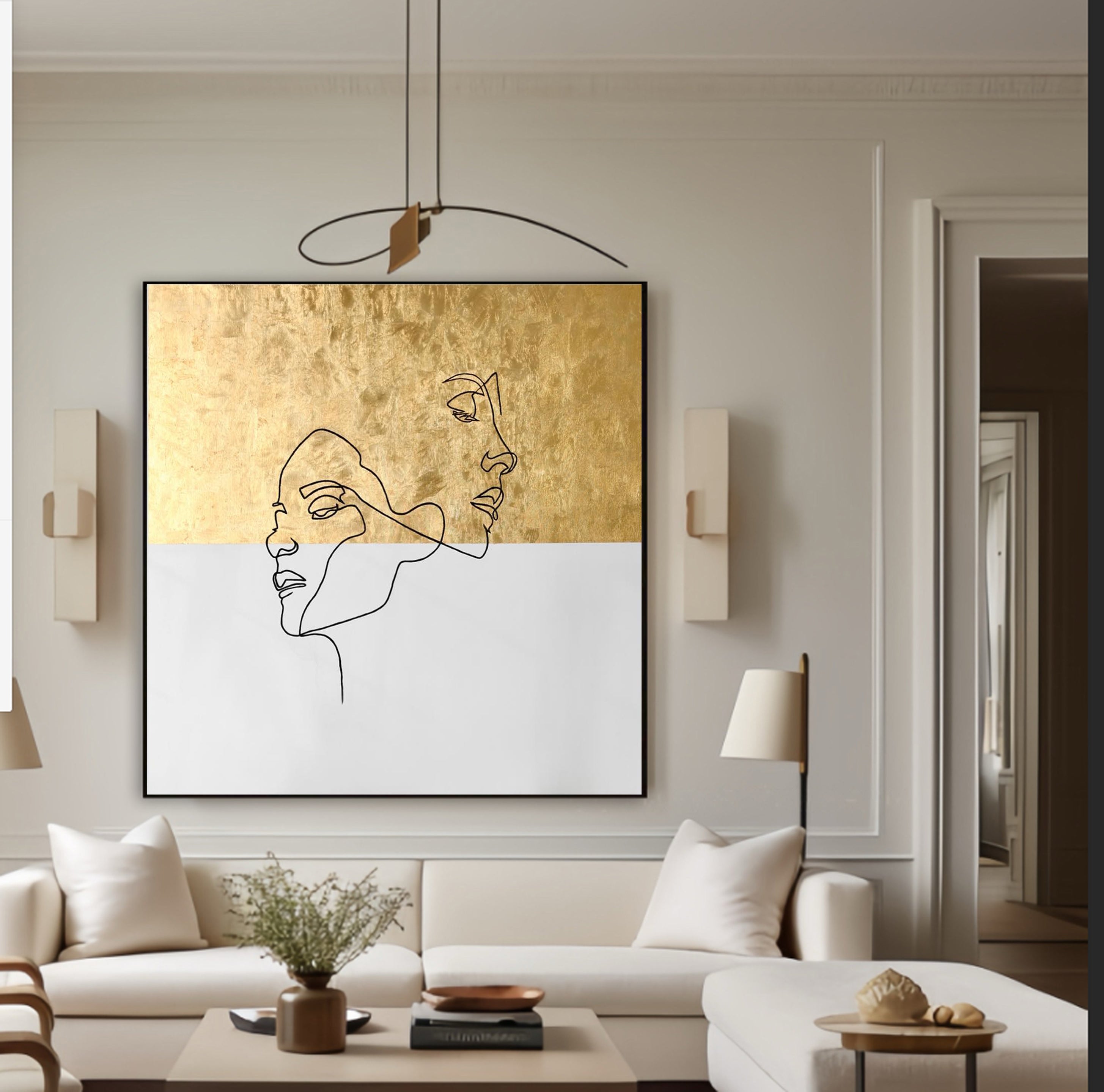 Minimalist Abstract Face Wall Art Gold and White Canvas #HF013