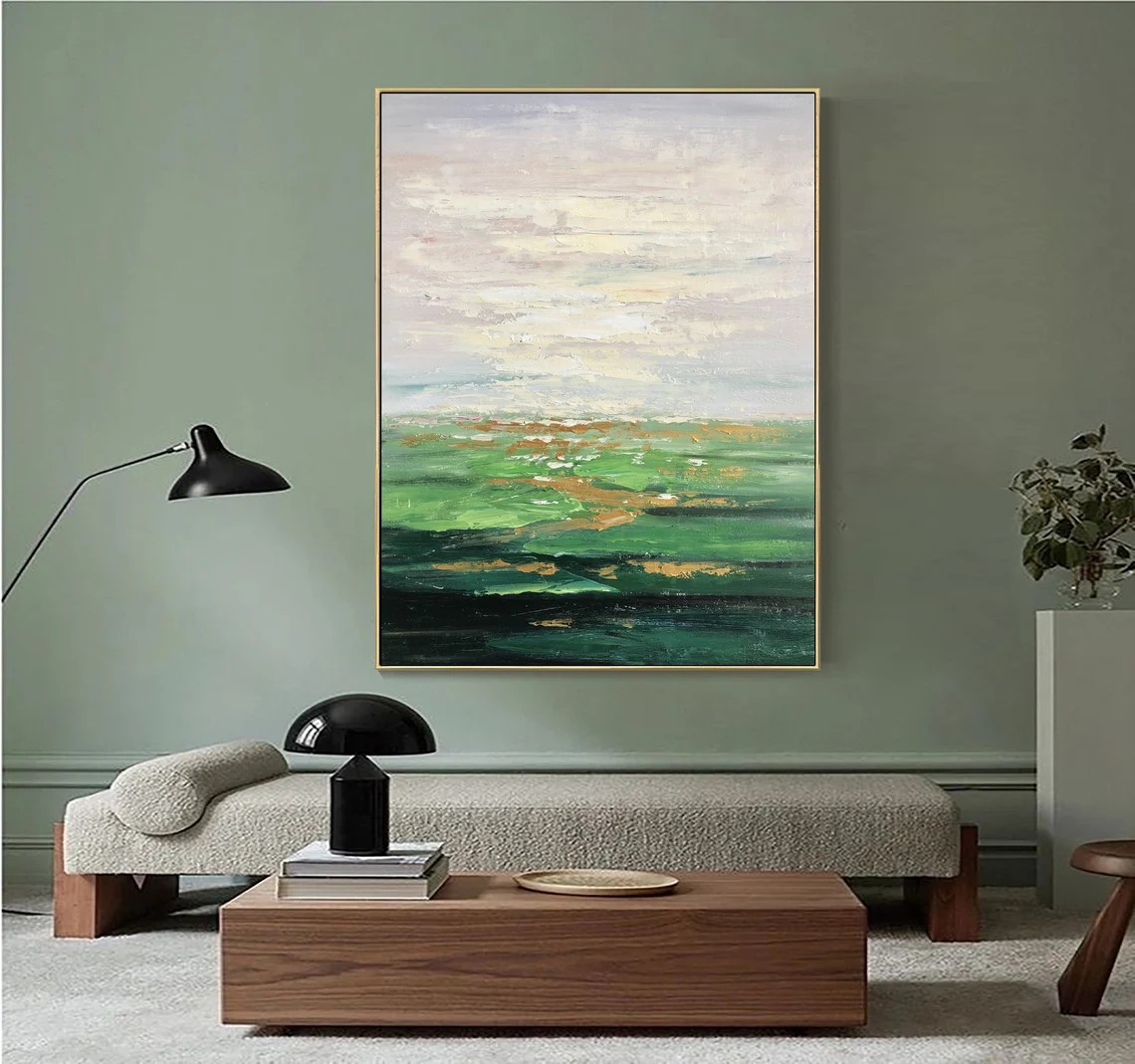 Abstract Green Landscape Oil Painting, Modern Nature Art#MM383