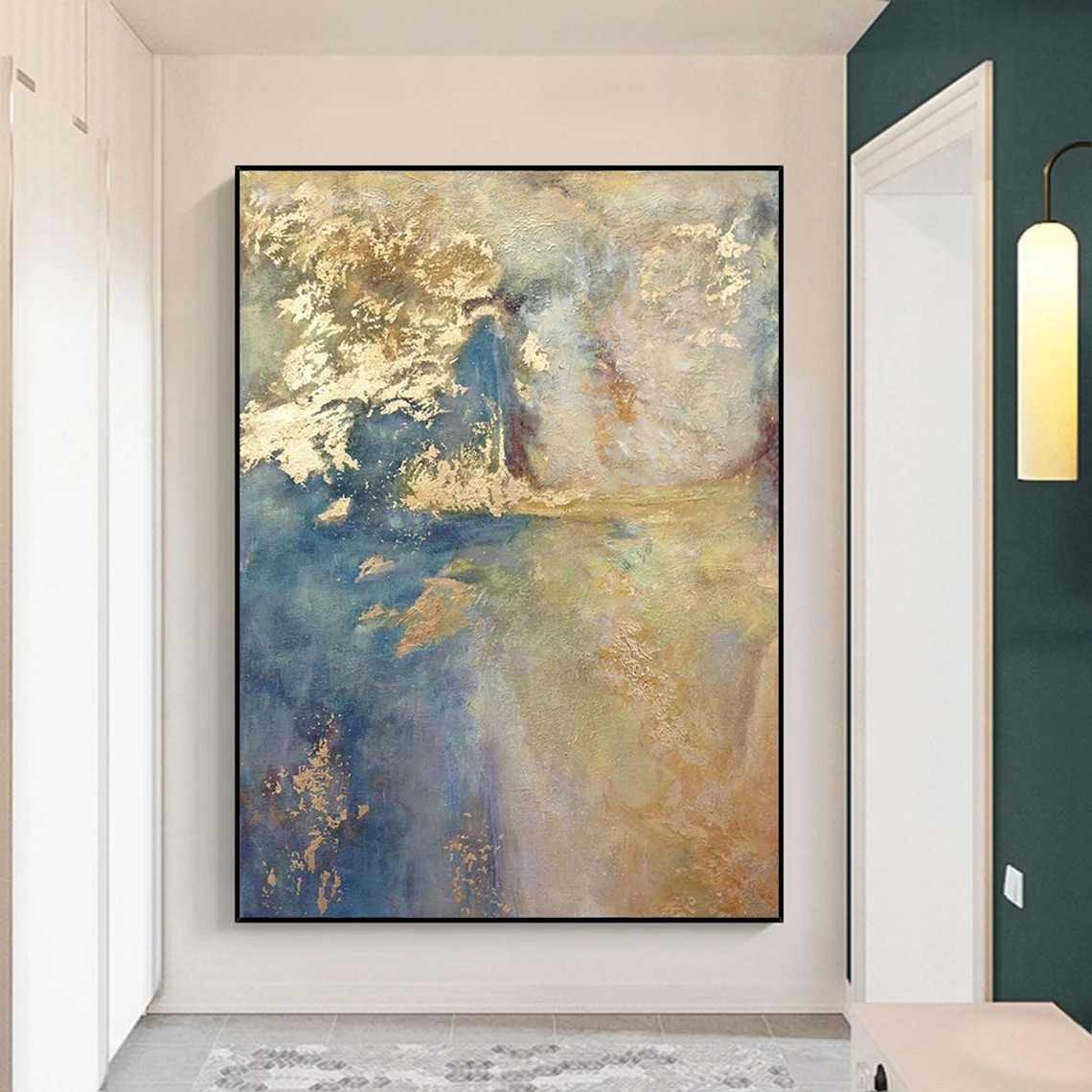 Dreamy Abstract Landscape Textured Blues and Gold Painting #MM226