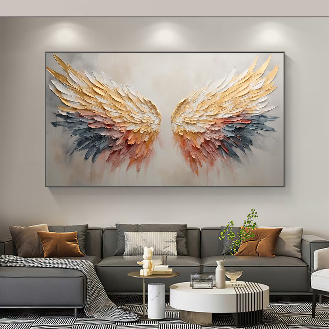 Textured Angel Wings Canvas Art, Modern Abstract Painting, Gold Accent Decor, Trending Design#MM385