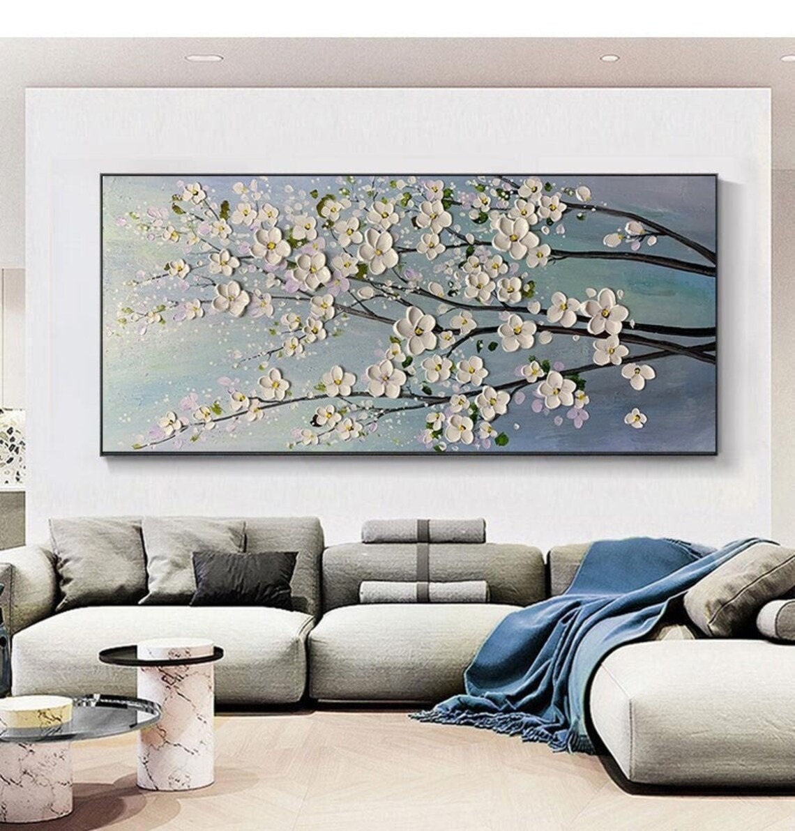 Textured White Blossom Tree Painting, Floral Modern Art