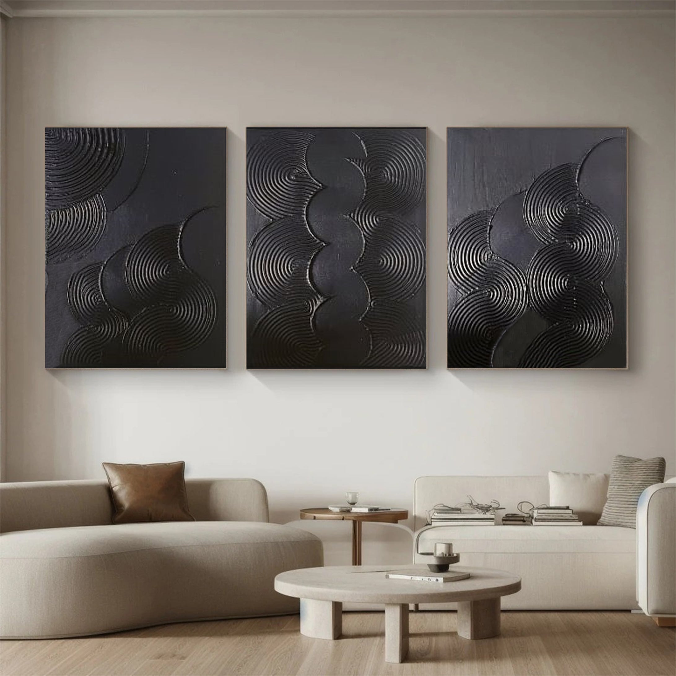 Black Textured Geometric Triptych Wall Art