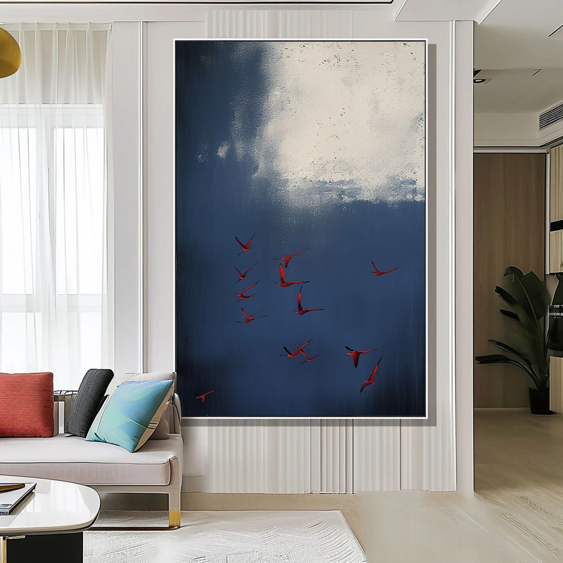 Dramatic Dark Blue Sky & Red Birds Modern Surreal Abstract Art #SP013