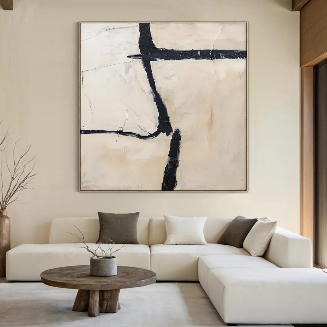 Large Minimalist Beige & Black Abstract Modern Wall Decor#MM207