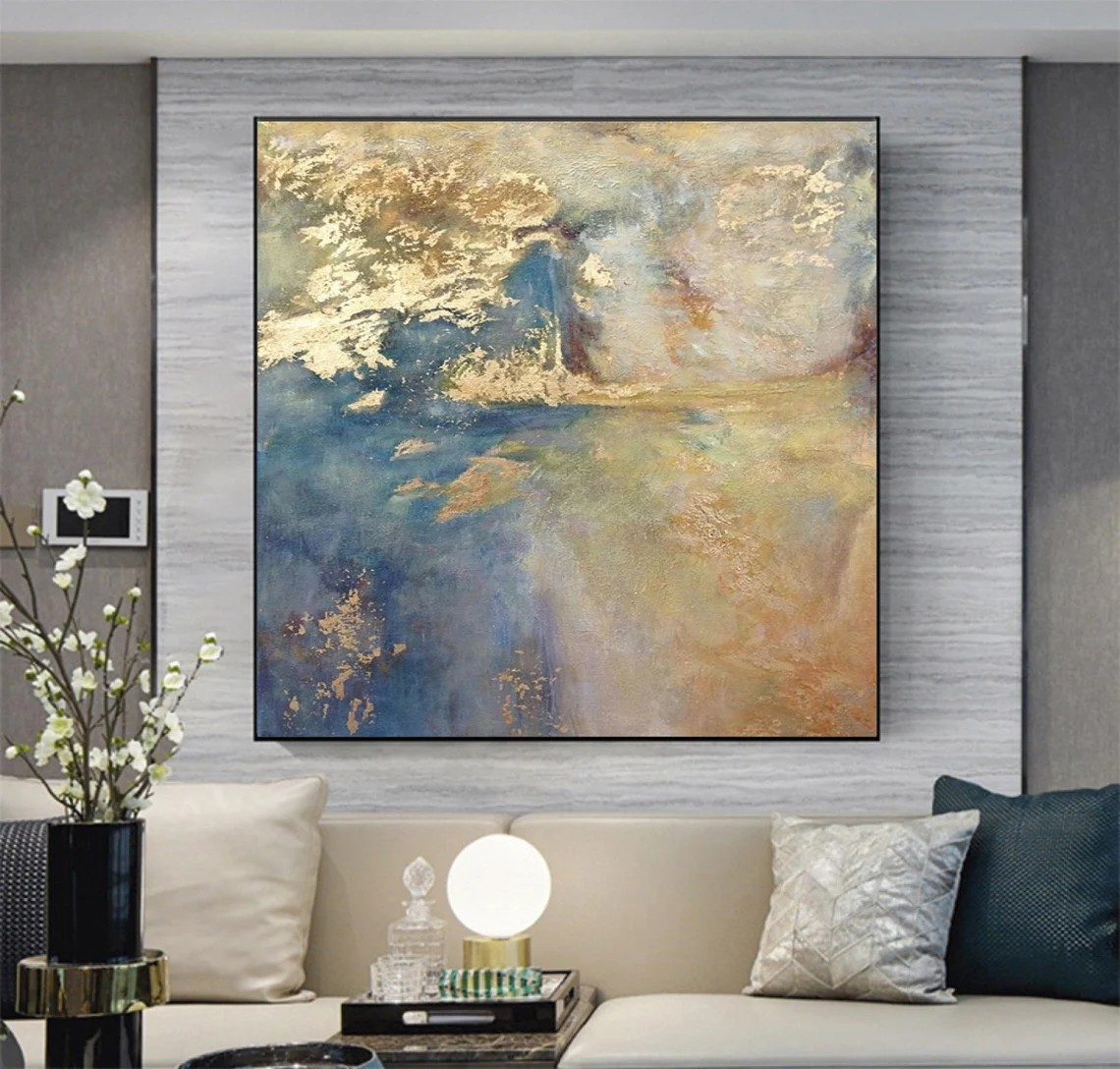 Dynamic and Serene Abstract Textured Painting with Gold ＆ Blue #MM244