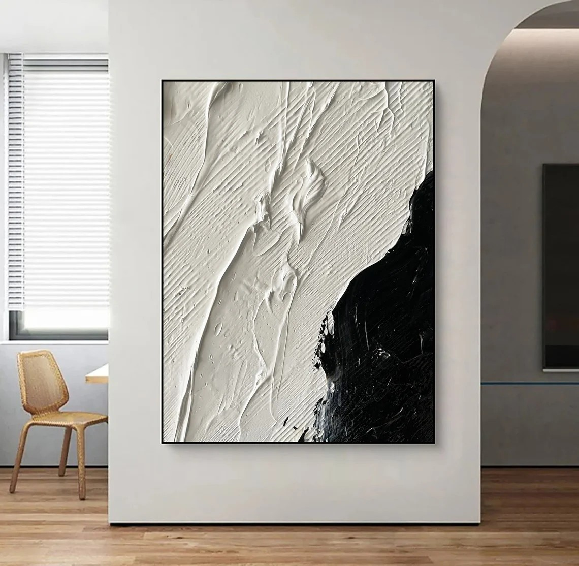 Minimalist Black and White Textured Abstract Oil Painting