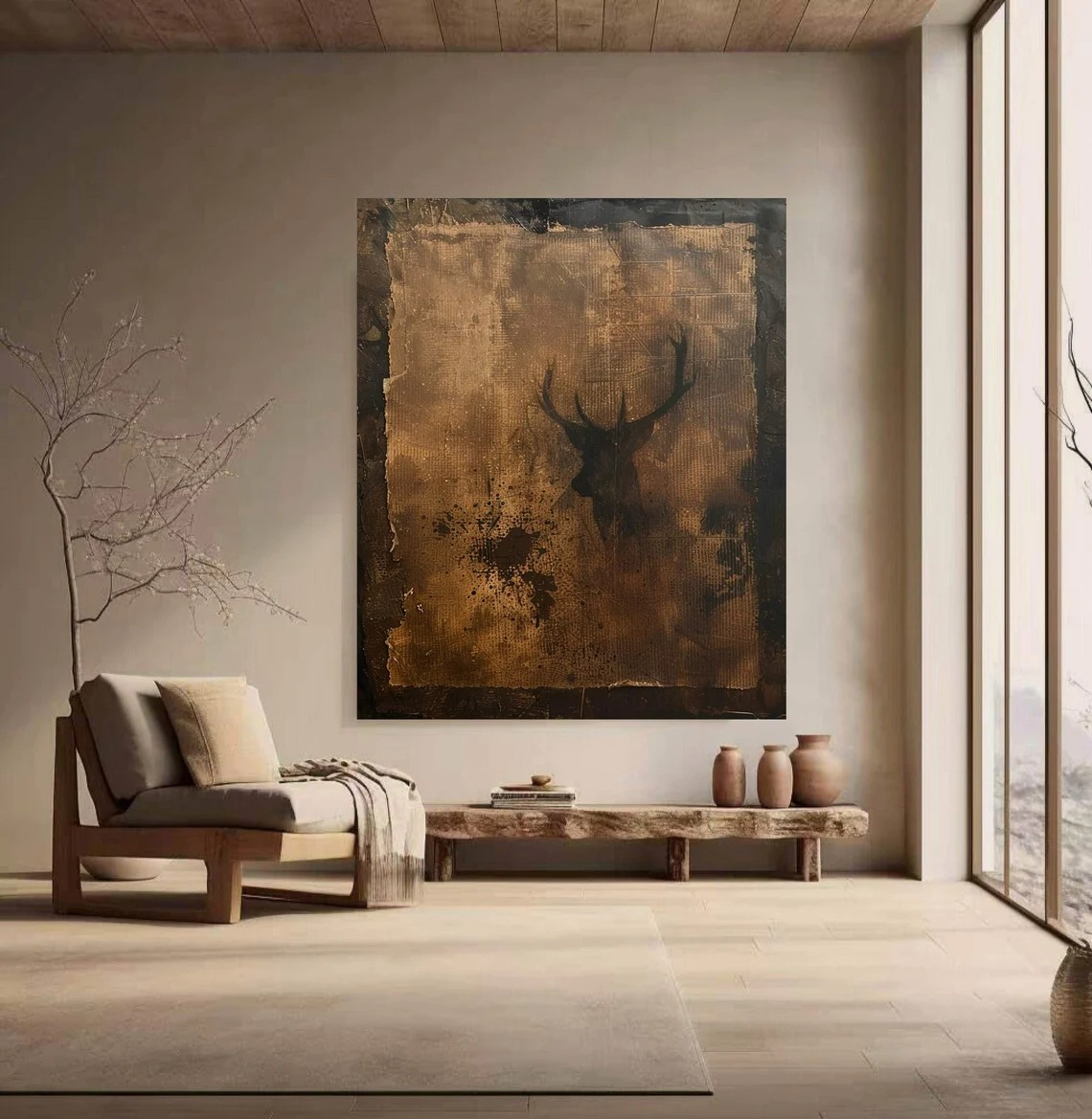 Brown Textured WABI SABI Art with Stag Modern Minimalist Wall Decor #MM216