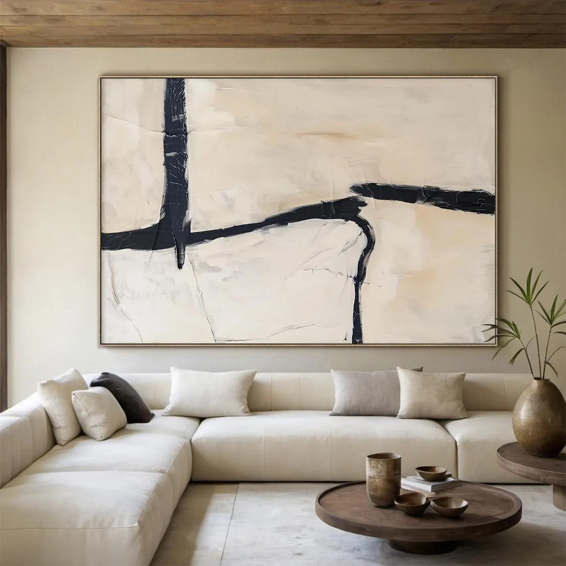 Large Minimalist Beige & Black Abstract Modern Wall Decor#MM207