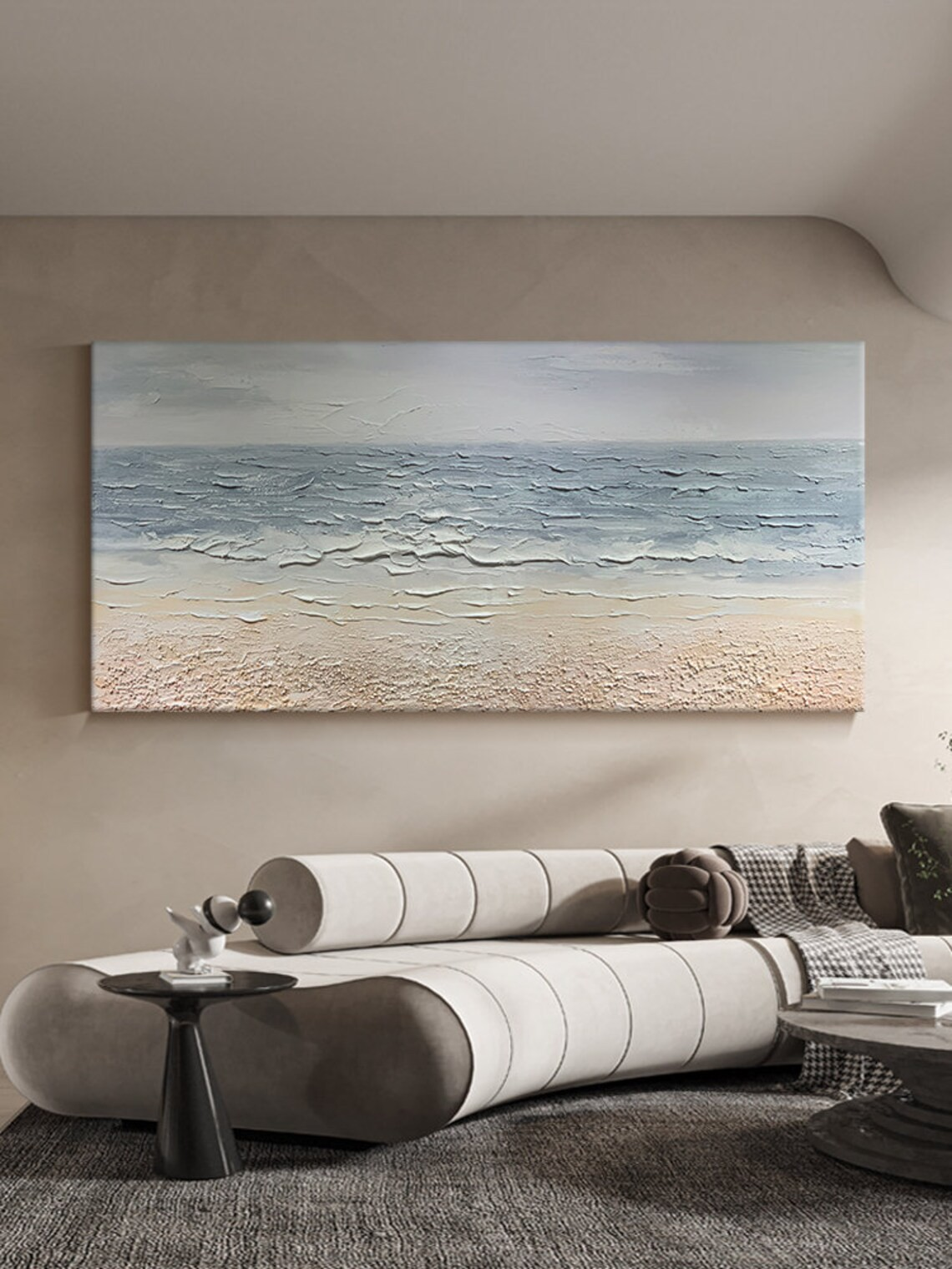 Textured Seascape Oil Painting, Minimalist Beach Art, Neutral Coastal Decor#MM388